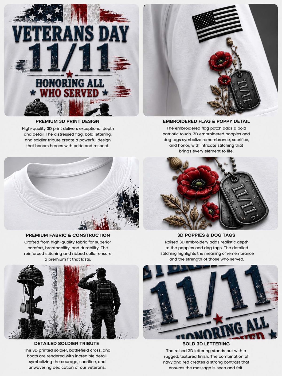 A six-panel marketing infographic showcasing a Veterans Day 11.11 embroidered flag and dog tags.