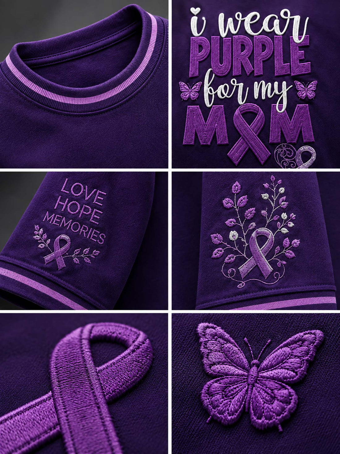 A purple short-sleeve crewneck t-shirt with a graphic that reads 'i wear PURPLE for my MOM' in white and purple lettering, featuring purple awareness ribbons and butterflies. The left sleeve has 'LOVE HOPE PAIN MEMORIES' text with a ribbon, and the right sleeve has a floral ribbon design.