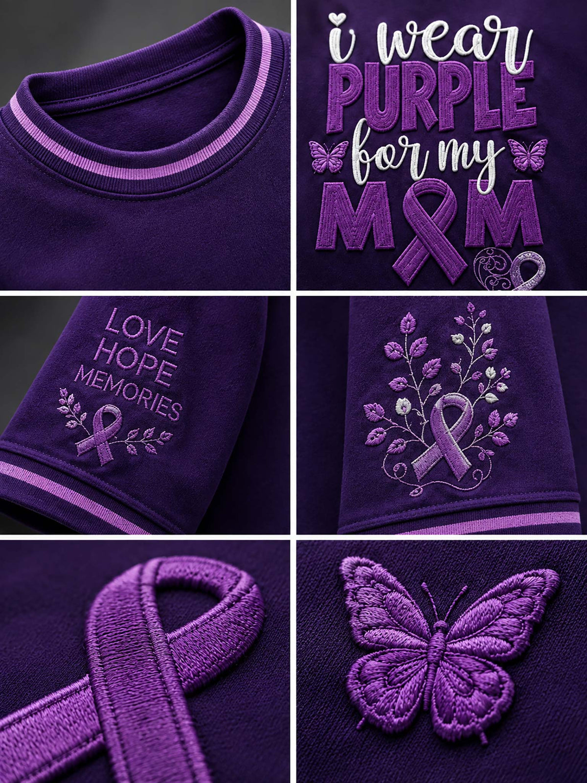 Six-panel close-up collage of a purple embroidered top, showing the collar, front text reading 'i wear PURPLE for my M', 'LOVE HOPE MEMORIES' text, floral ribbon embroidery, a large awareness ribbon, and a butterfly motif.