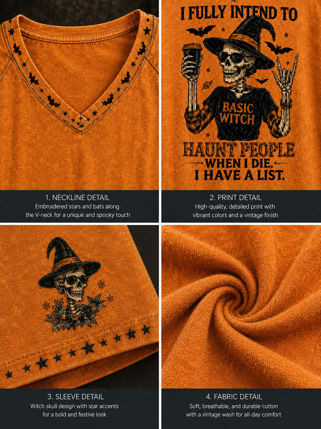 An orange short-sleeve V-neck T-shirt with a distressed Halloween graphic of a skeleton witch holding a mug, surrounded by bats and the text 'I FULLY INTEND TO HAUNT PEOPLE WHEN I DIE I HAVE A LIST.' The shirt is displayed on a hanger over distressed denim shorts against a dark, moody background with a lit candle.