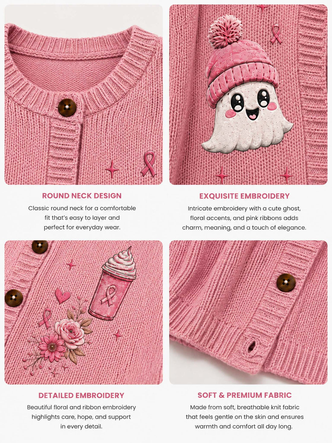 A woman wearing a pink chunky knit cardigan with embroidered designs, including a ghost, a pink drink cup, roses, and pink awareness ribbons, over a white tank top.