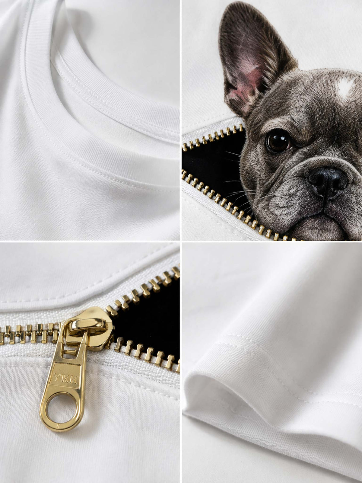 A white zippered garment shown in a four-panel collage: close-up of the white fabric, a dog peeking out from the zipper opening, a detailed view of the gold zipper pull, and another angle of the white fabric.