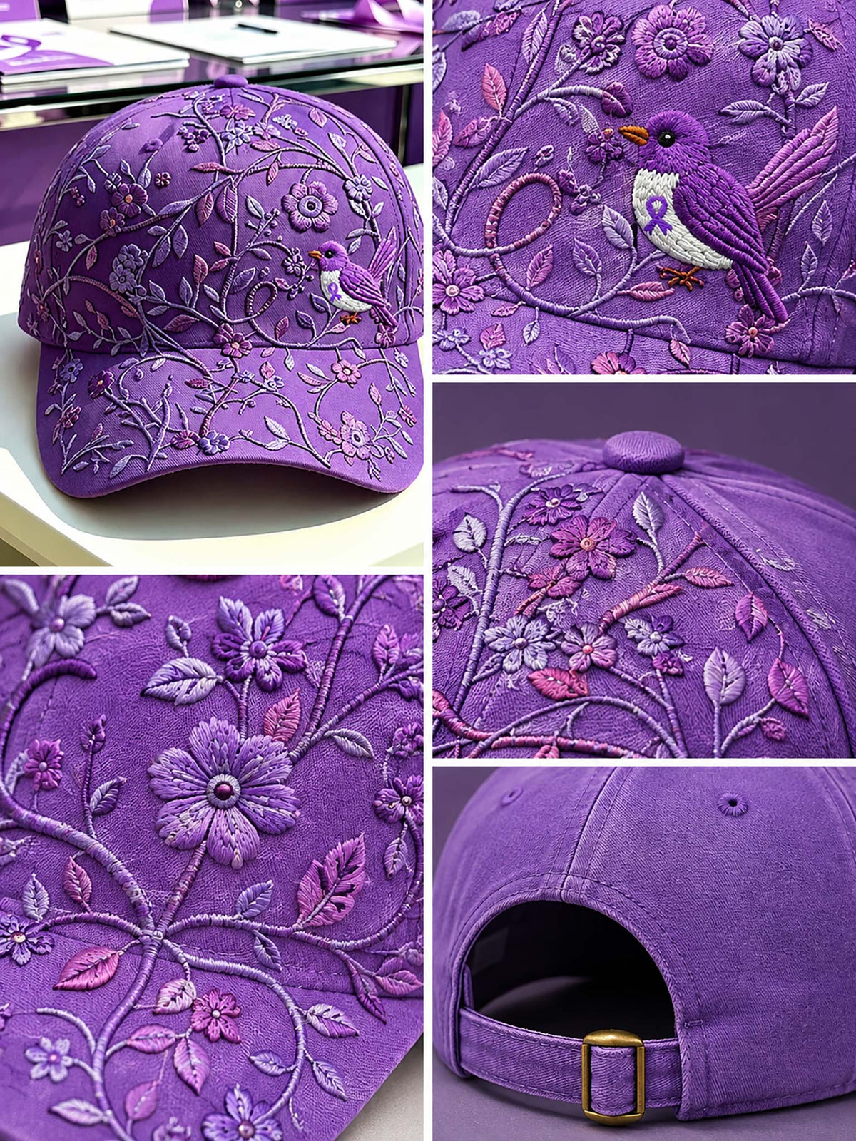 A purple embroidered baseball cap shown in multiple close-up views, featuring floral vine embroidery, a bird motif, and a gold-tone buckle closure.