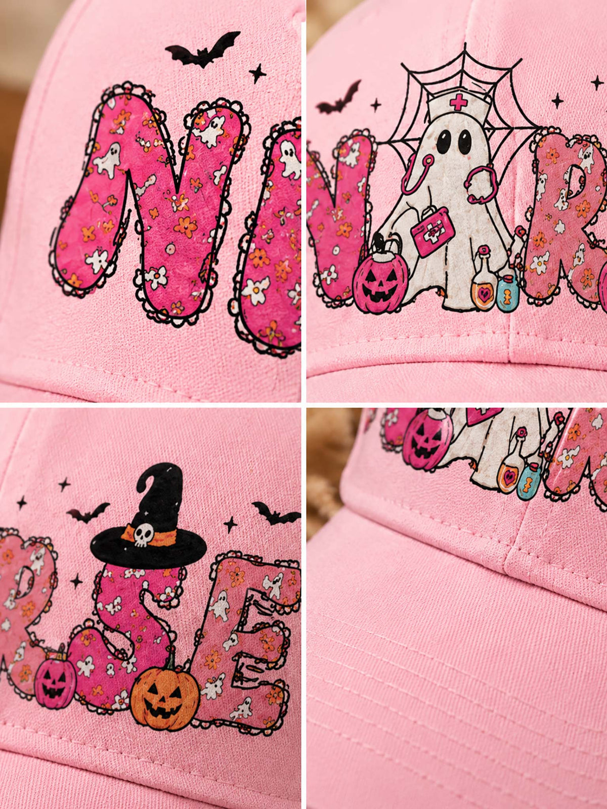A pink baseball cap shown in a four-panel collage, featuring large decorative letters with Halloween motifs including bats, pumpkins, ghosts, spiderwebs, and a witch hat.