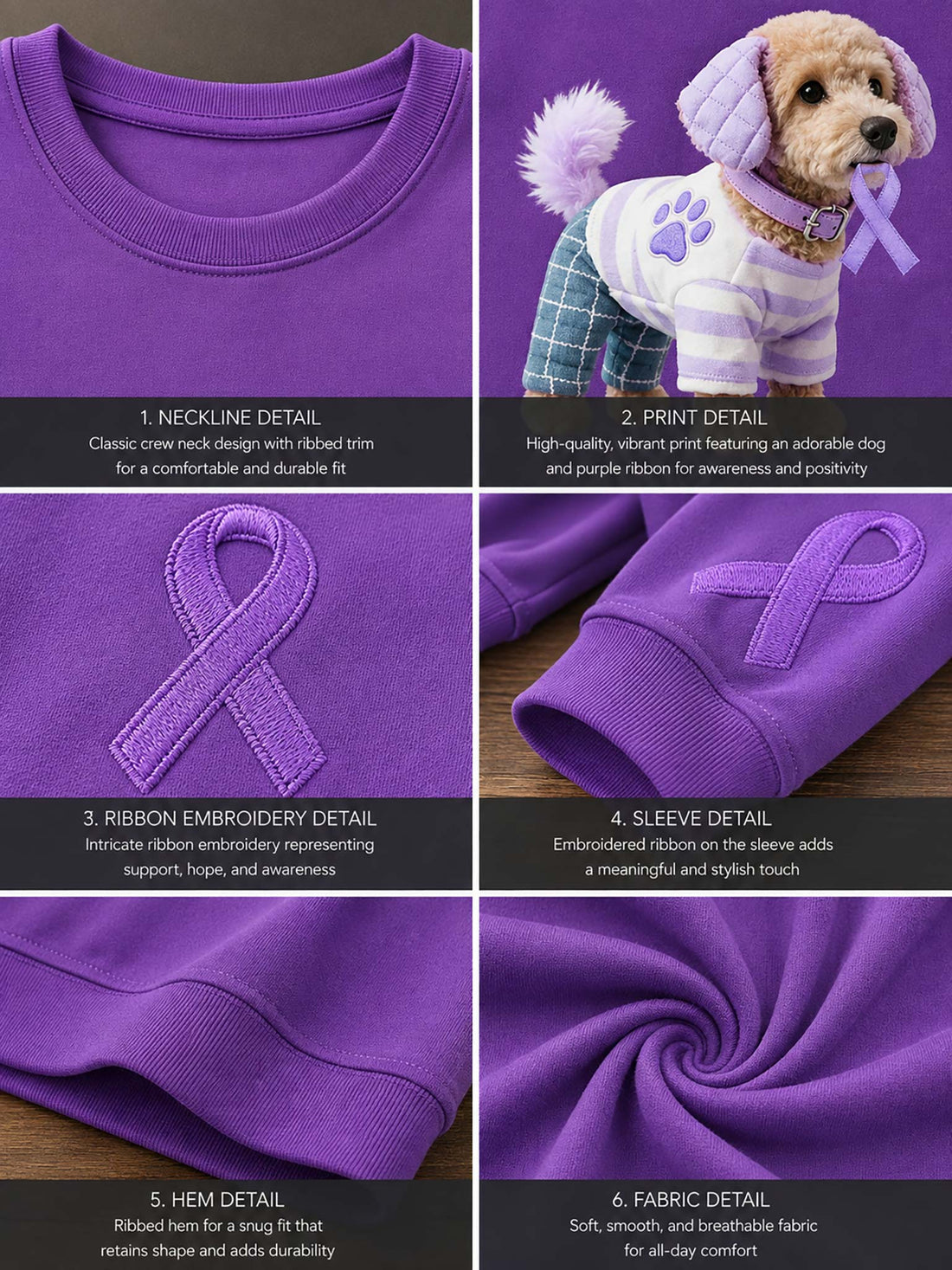 A purple crewneck sweatshirt with a graphic of a poodle wearing a striped sweater and ribbon accessories, styled with light-wash distressed denim shorts on a wooden hanger against a rustic wood plank background.
