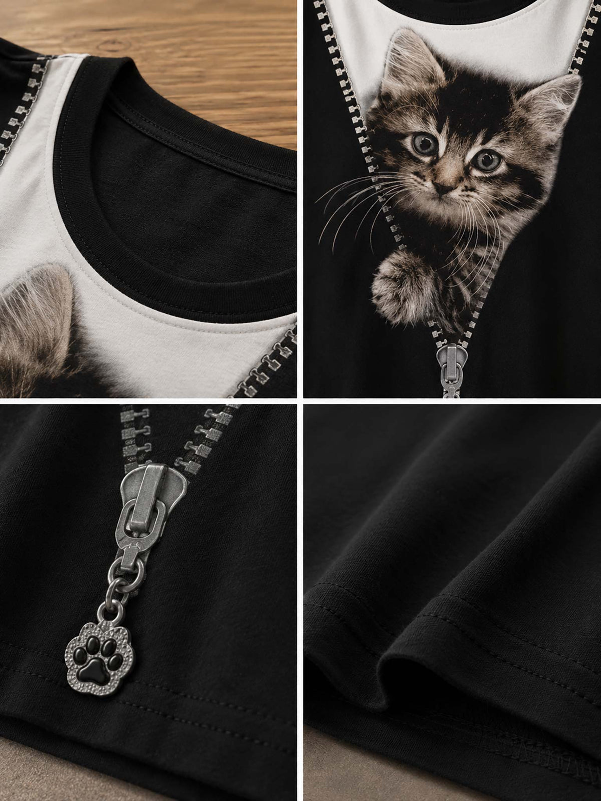 A black ringer t-shirt with a white crew neck, featuring a graphic print of a kitten appearing to zip out of the front. The collage shows close-up details of the silver zipper with a paw-shaped pull, the white ribbed collar, and the kitten graphic.