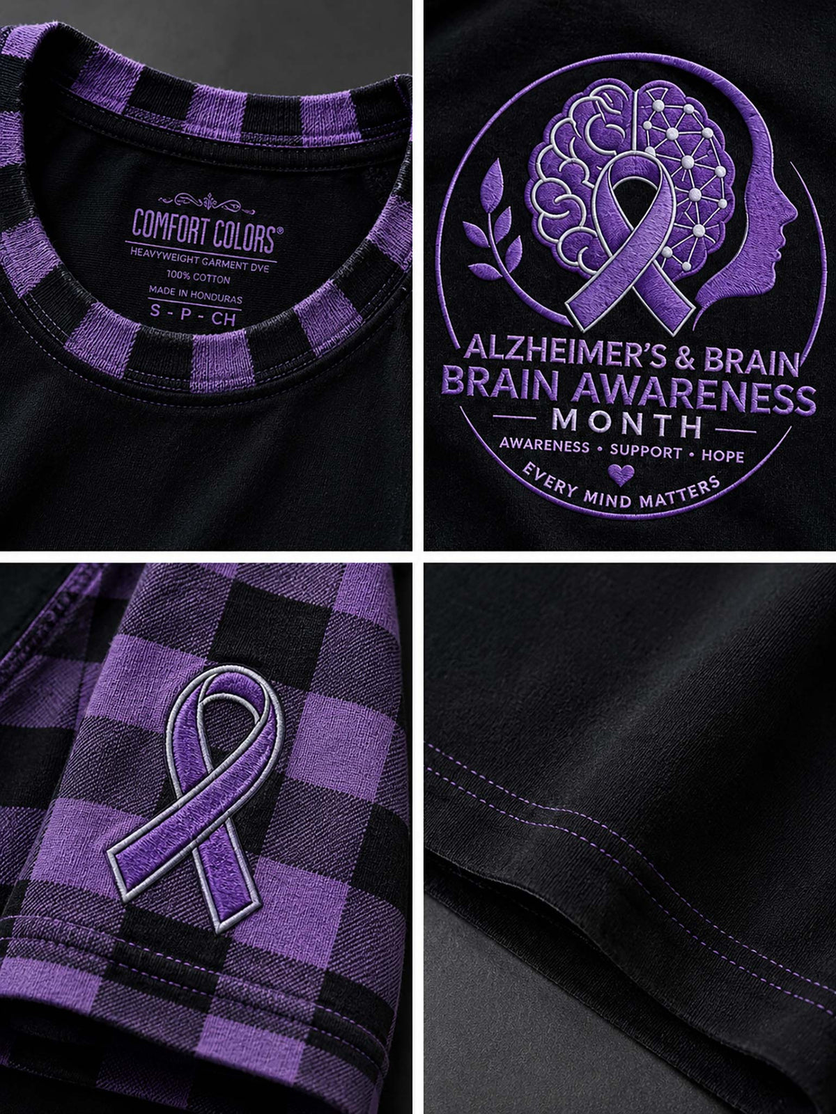 A four-panel close-up collage of a black Comfort Colors t-shirt. The top-left panel shows the inner neck label with purple plaid trim.