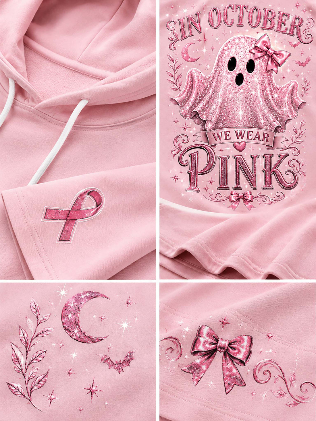A woman wearing a pink graphic hoodie with a ghost design and the text 'IN OCTOBER WE WEAR PINK', paired with light-wash distressed jeans in a pink room setting.