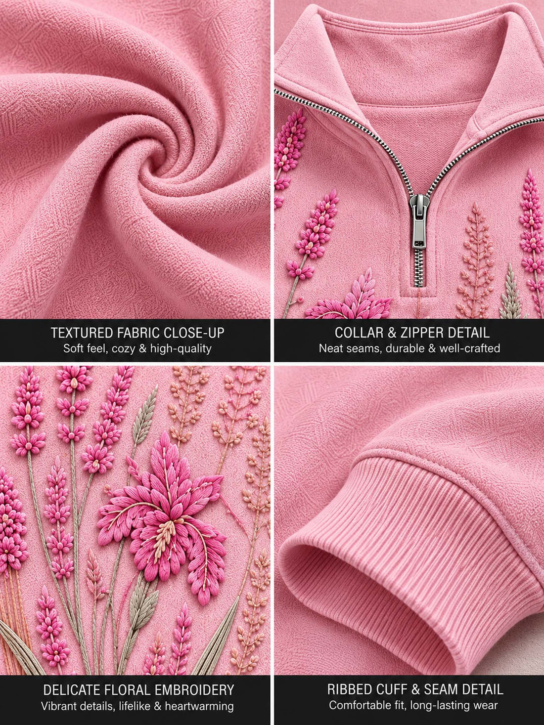 A pink quarter-zip sweatshirt featuring detailed floral embroidery across the front, shown on a model.