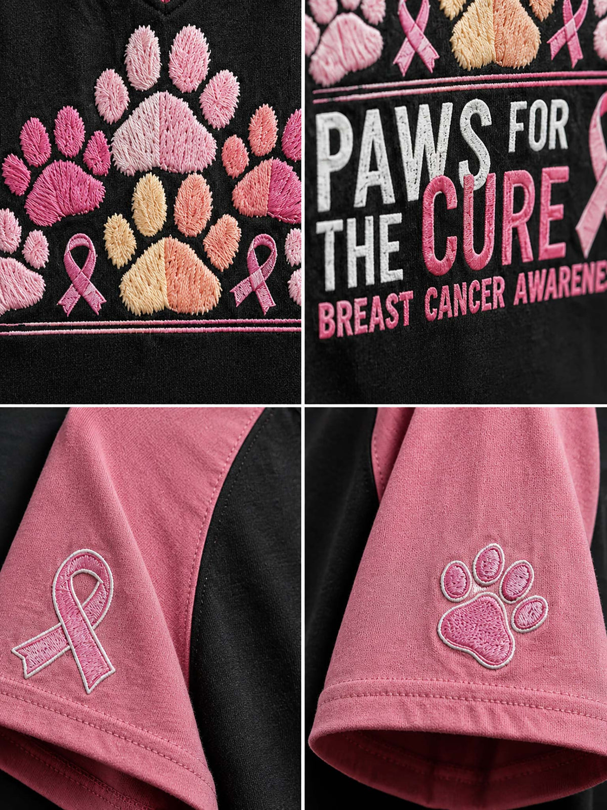 Close-up collage of a black garment with pink and peach embroidered paw prints, pink awareness ribbons, and the text 'PAWS FOR THE CURE BREAST CANCER AWARENESS,' plus two inset views showing a pink ribbon patch and a pink paw patch on the fabric.
