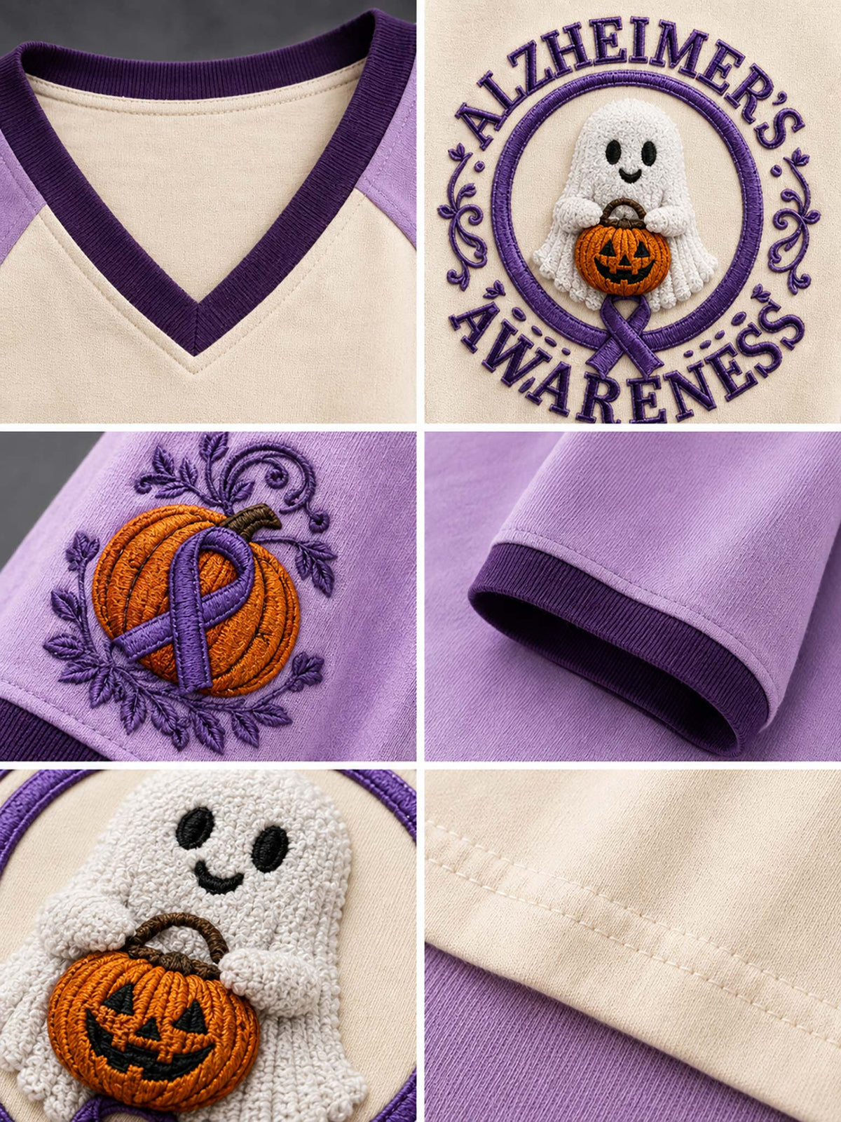 A six-panel close-up collage of a raglan-style sweatshirt in cream and lavender purple. The panels show the V-neck collar, a 'Alzheimer's Awareness' embroidered patch with a ghost and pumpkin, a pumpkin-and-ribbon embroidery detail, a folded cuff, and a close-up of the cream fabric.