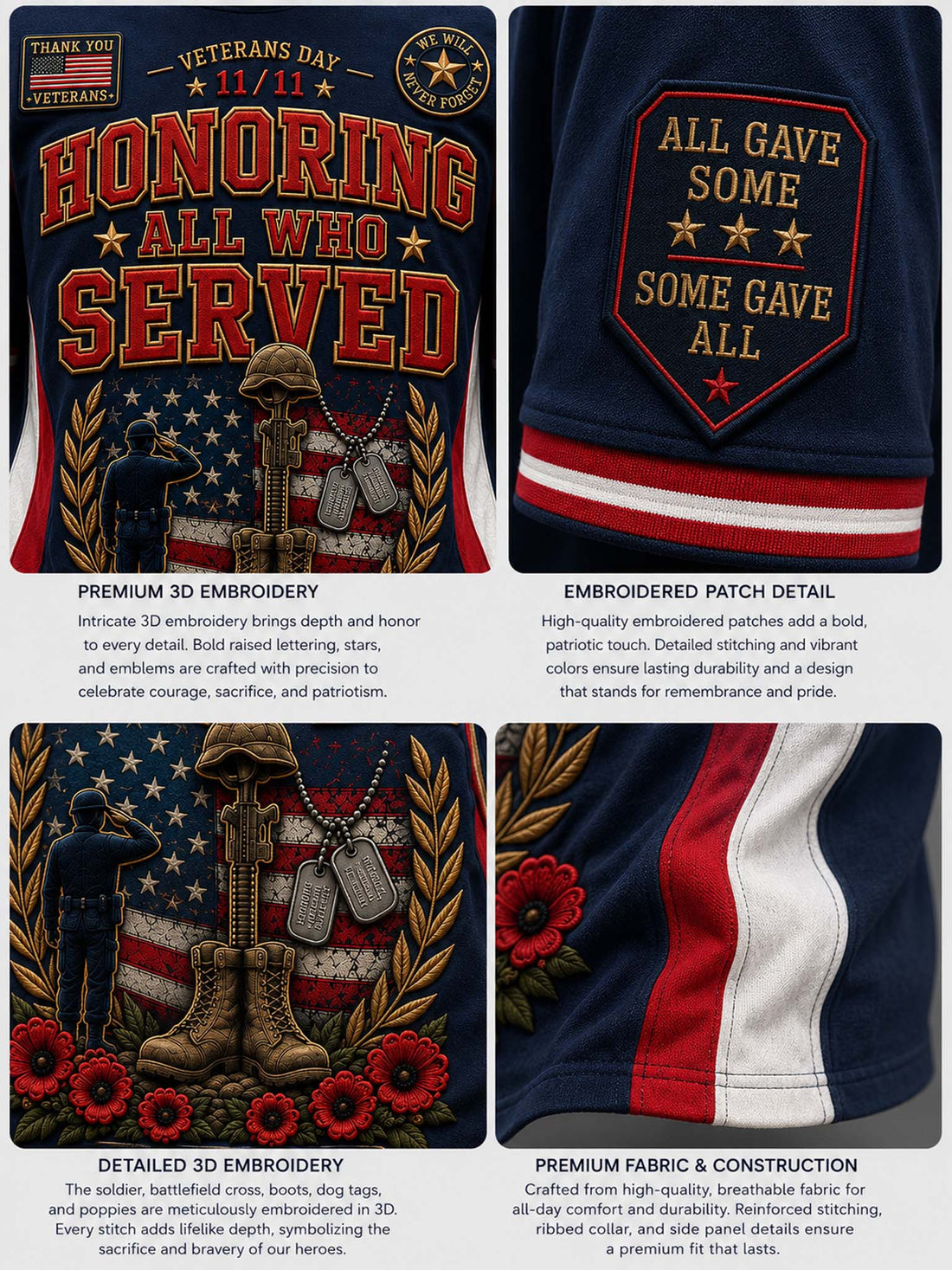 A navy blue short-sleeve t-shirt with a detailed Veterans Day graphic on the front. The graphic features the text 'HONORING ALL WHO SERVED' in red and gold, alongside a patriotic design with an American flag, a kneeling soldier, military boots, and red poppies.