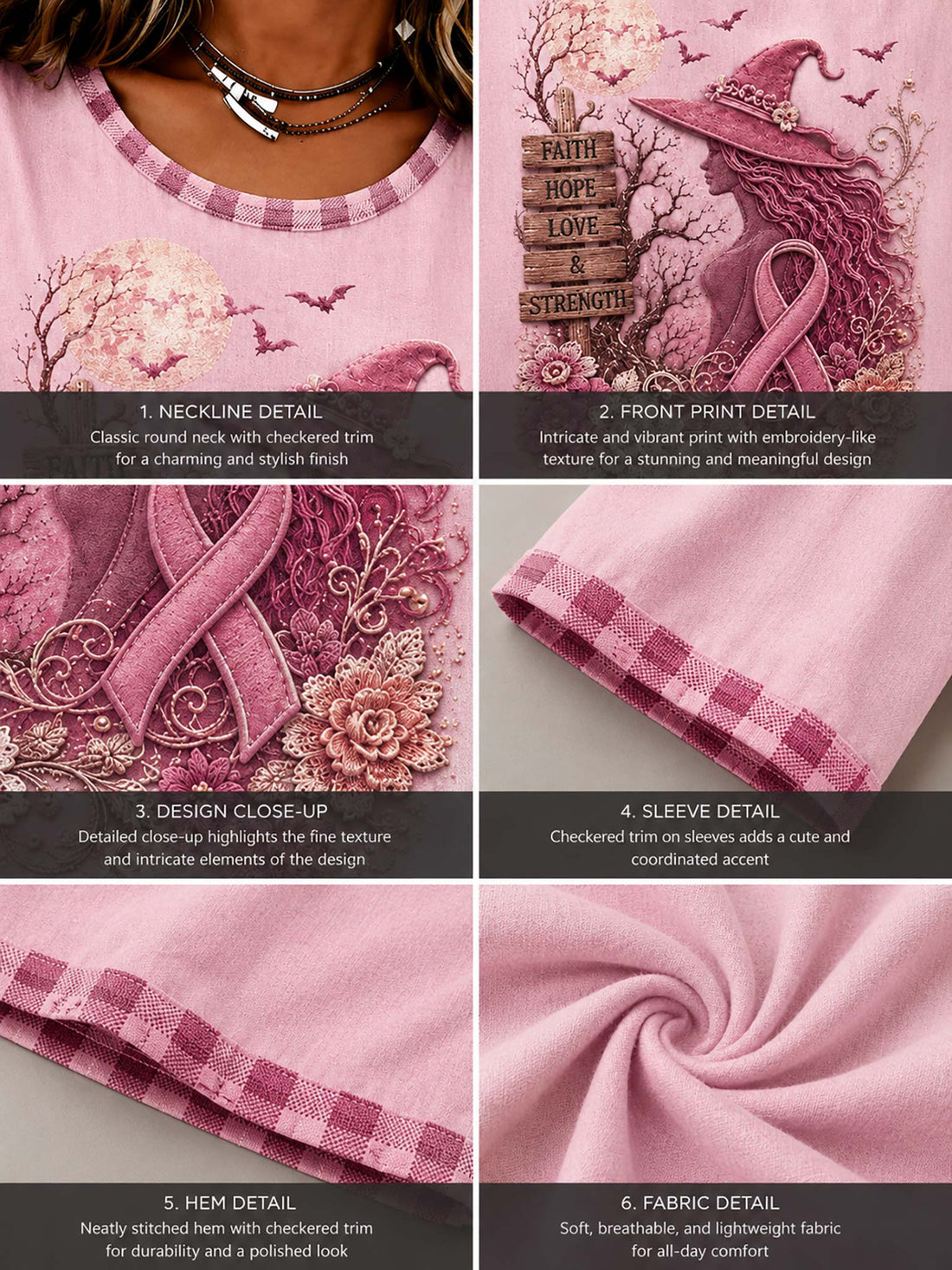 A woman wearing a pink 3/4 sleeve graphic t-shirt with a witch, pink ribbon, flowers, and the words 'FAITH HOPE LOVE & STRENGTH' printed on the front.