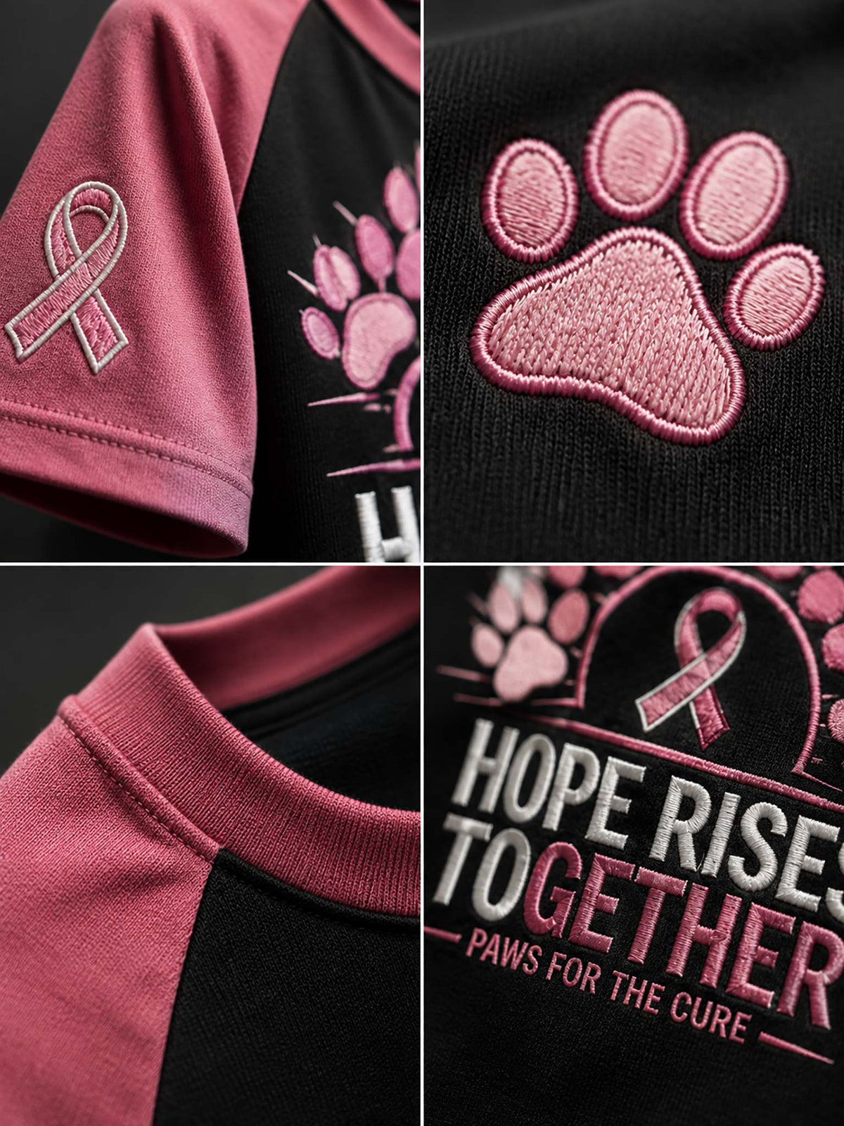 A close-up collage of a black and dusty rose raglan t-shirt, highlighting the pink and white embroidered breast cancer awareness ribbon on the sleeve, the pink paw print on the chest, the ribbed collar, and the front graphic that reads 'HOPE RISES TOGETHER' and 'PAWS FOR THE CURE'.