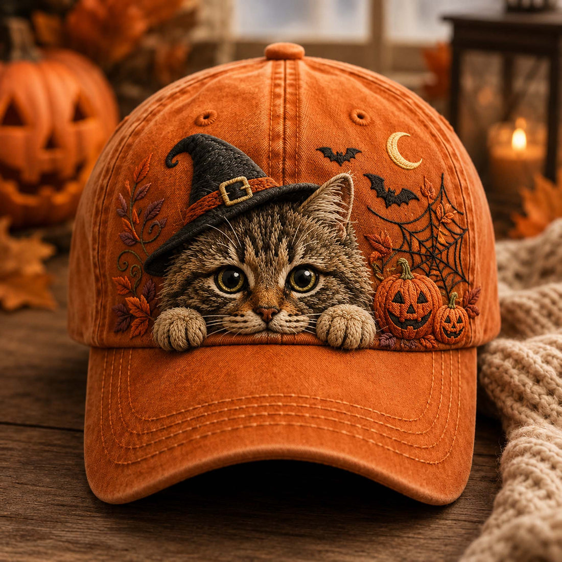 An orange baseball cap with embroidered Halloween-themed details, featuring a cat wearing a witch hat and surrounded by pumpkins, bats, spiderwebs, and a crescent moon, set against a cozy autumn background.