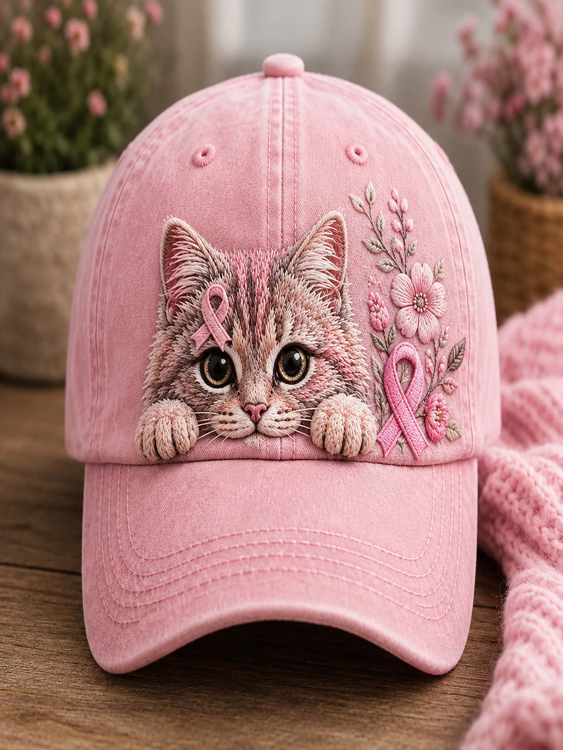 A pink baseball cap with an embroidered cat face and pink awareness ribbons on the front, displayed on a wooden surface with soft floral background decor.