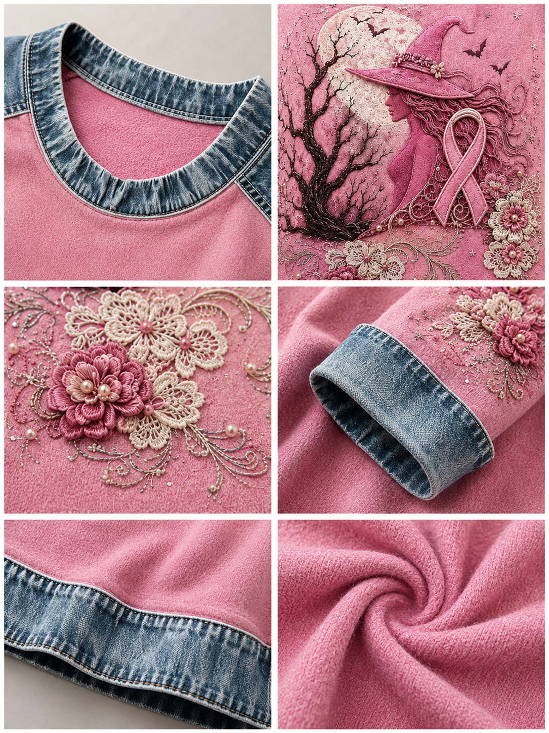 A woman wearing a pink long-sleeve sweatshirt with denim-style shoulder panels and cuffs, featuring a large graphic of a witch in a pink hat and pink ribbon under a tree, paired with blue jeans.
