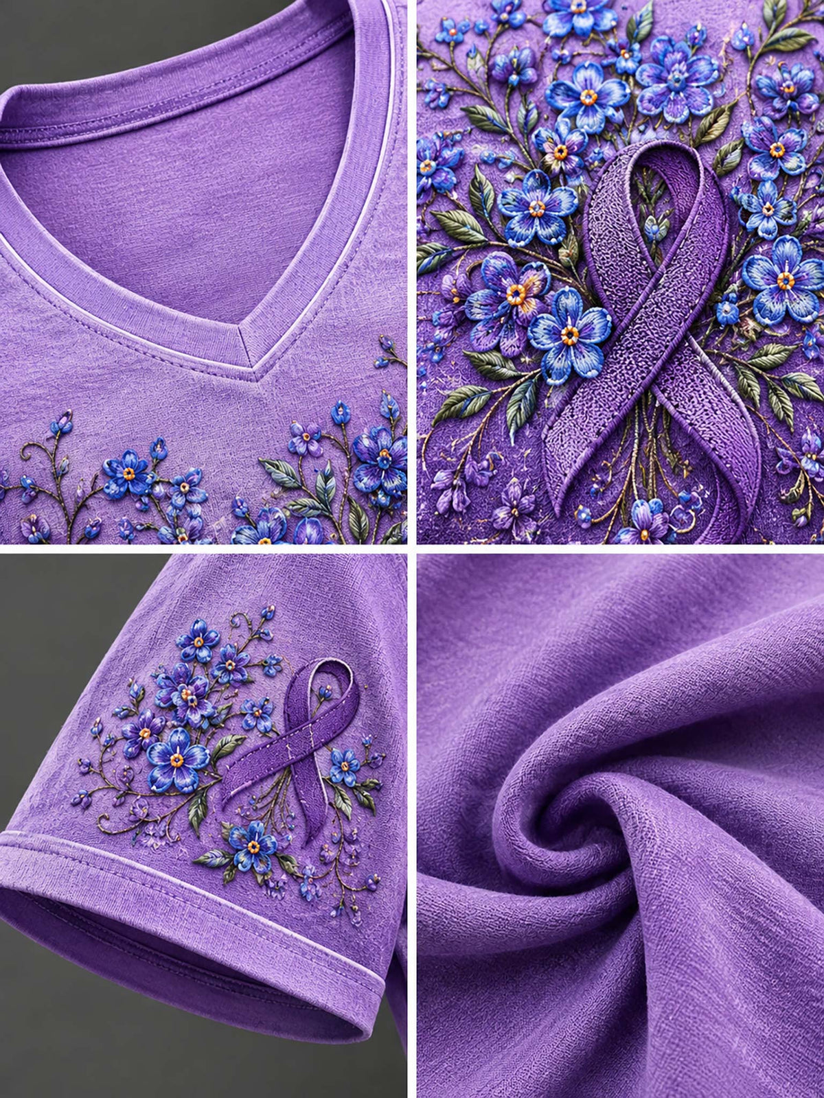 A purple V-neck t-shirt featuring detailed embroidery of blue forget-me-nots and a purple awareness ribbon on the chest and sleeve. The image is a four-panel collage showing the collar, a close-up of the embroidery, the sleeve detail, and a fabric texture swatch.