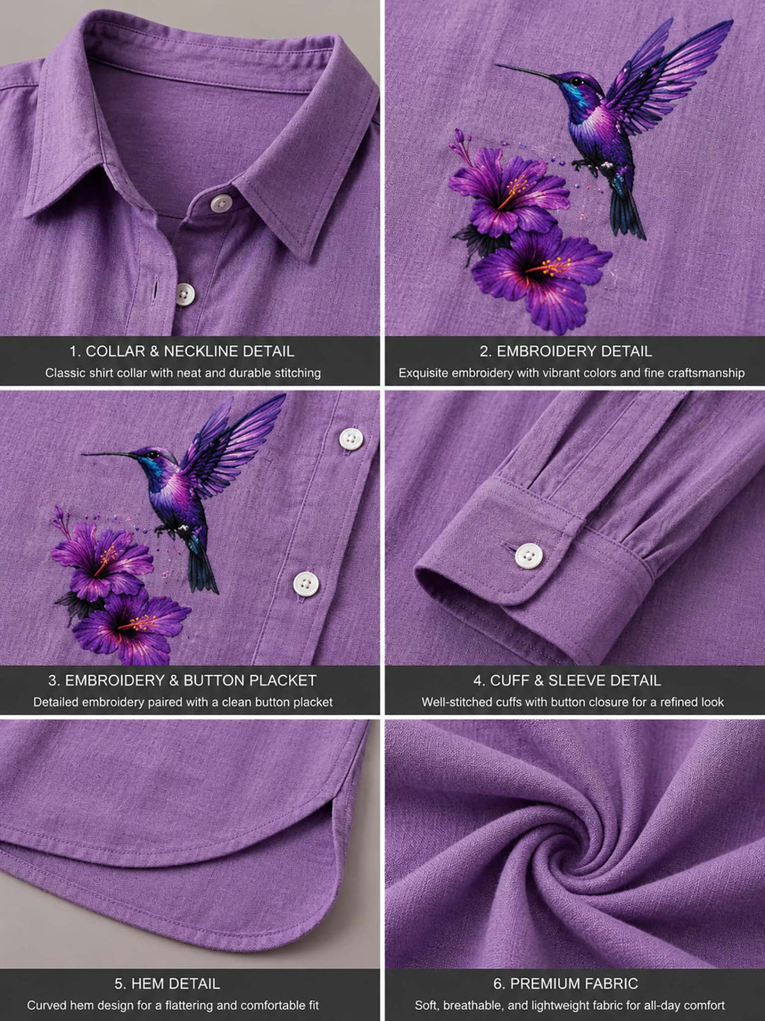 A woman wearing a lavender-purple long-sleeve button-up shirt with printed purple flowers and hummingbirds on the front, paired with white pants.