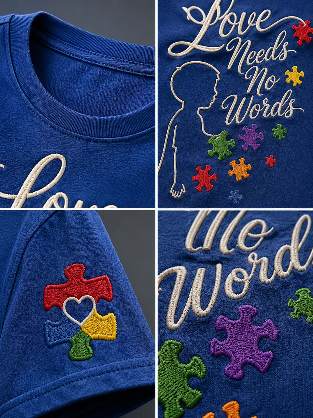 A woman wearing a royal blue graphic t-shirt with the text 'Love Needs No Words' in white script, accompanied by a white silhouette of a child and colorful autism awareness puzzle pieces. She is also wearing blue jeans and a silver watch.