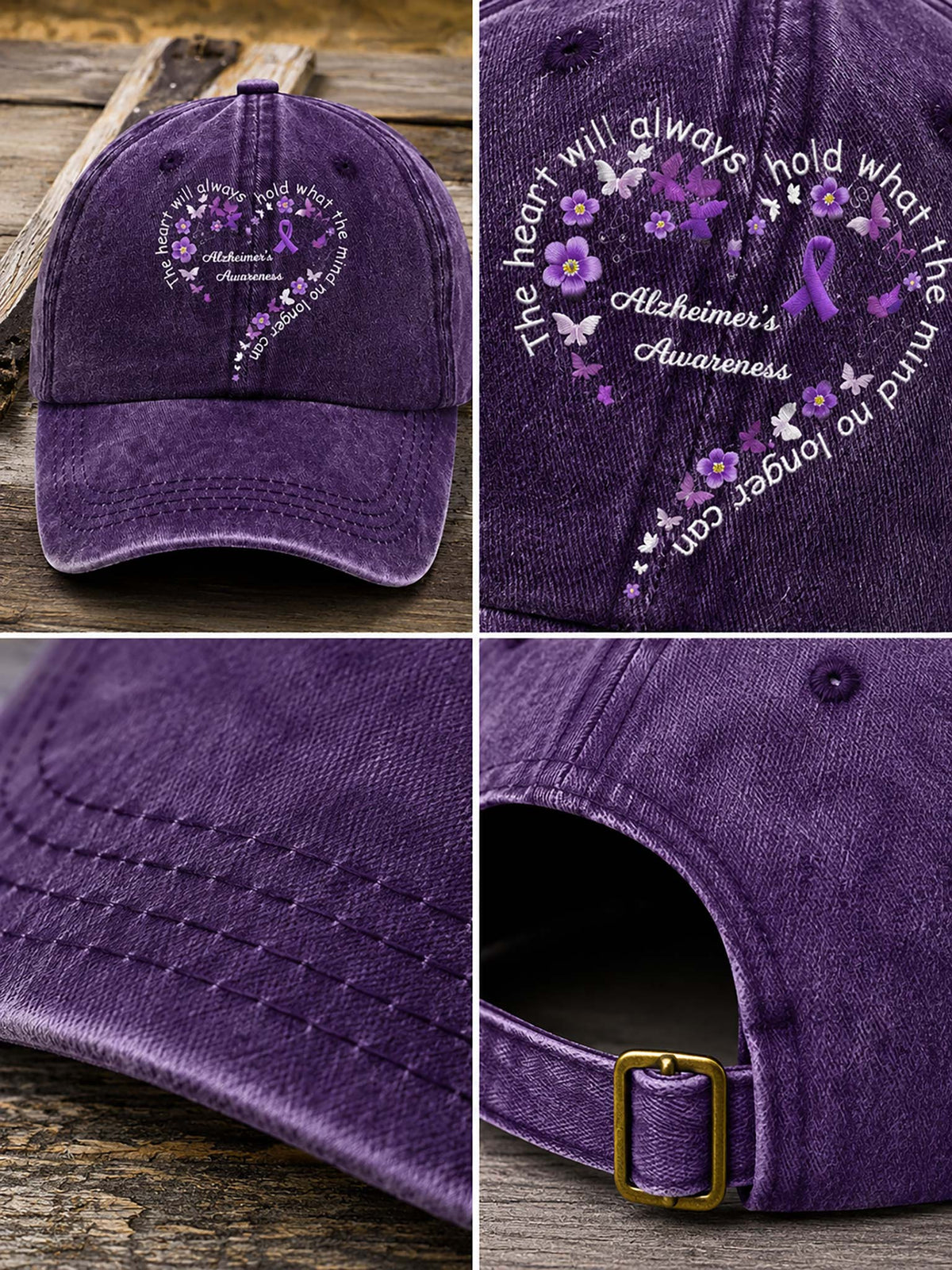 A purple baseball cap shown in a four-panel collage, featuring a front view with a heart-shaped Alzheimer's awareness graphic, a close-up of the back with floral and ribbon artwork and the phrase 'The heart will always hold who the mind no longer can', a side detail of the brim stitching, and a close-up of the adjustable strap with a gold-tone buckle.