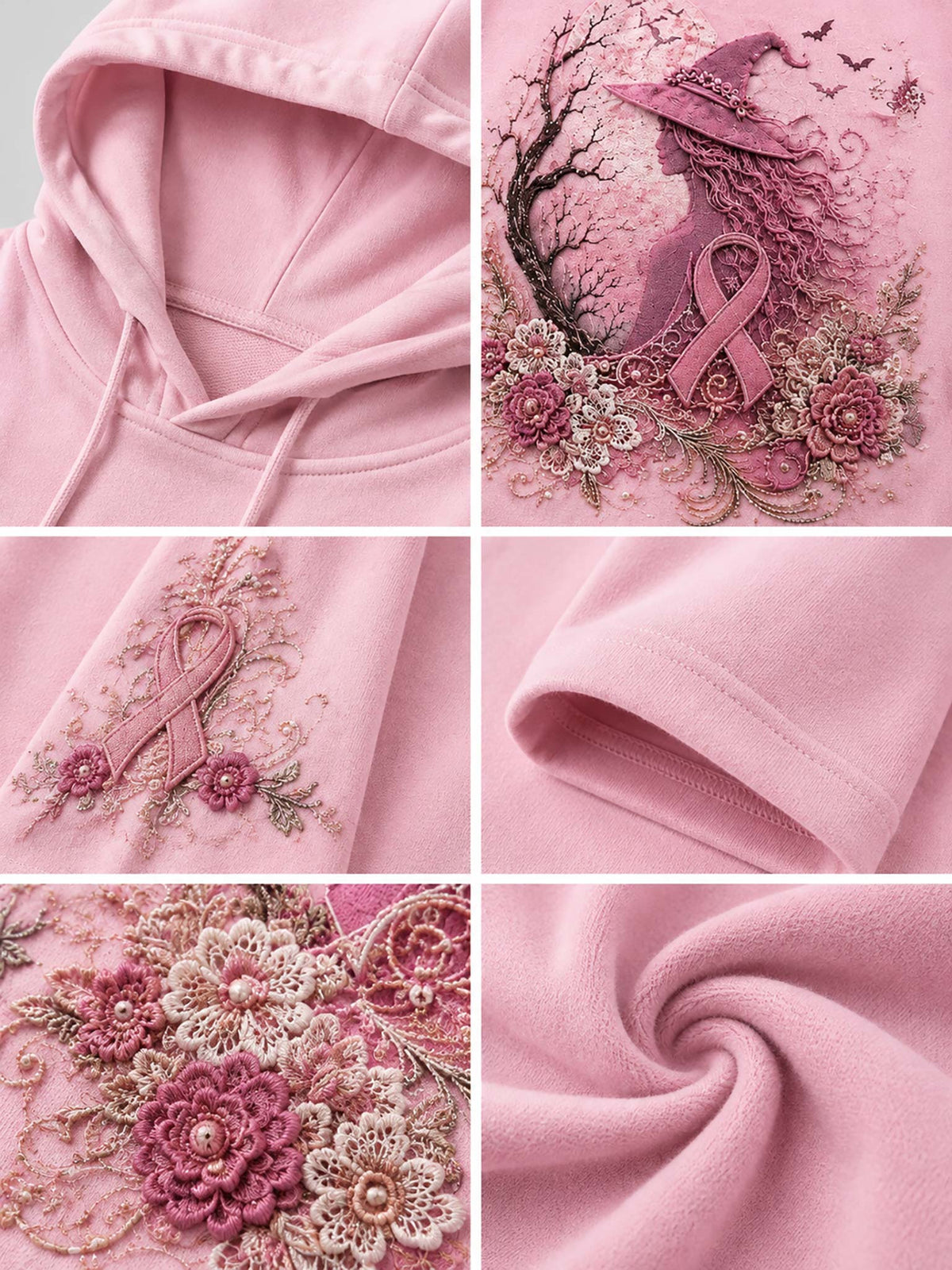 A pink hoodie shown in a six-panel collage highlighting its details: the hood, a large embroidered design of a witch with a pink ribbon, a close-up of the pink ribbon embroidery on the sleeve, a folded cuff, and a close-up of the textured pink fabric.