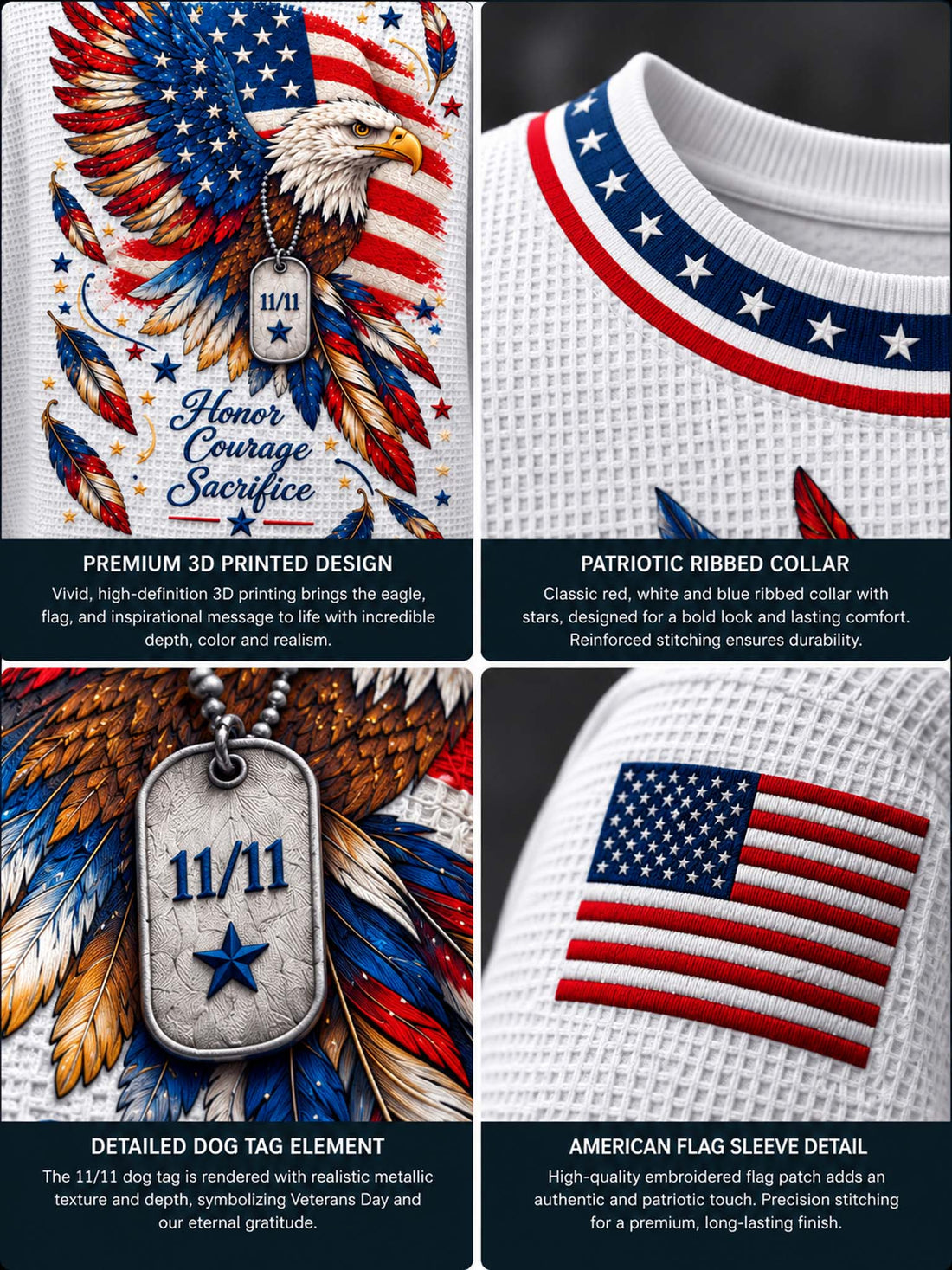 A white waffle-knit long-sleeve crewneck sweater featuring a patriotic Veterans Day graphic. The design includes a bald eagle with an American flag patterned wing, two American flags on the sleeves, and text reading 'VETERANS DAY Honoring All Who Served' and 'Honor Courage Sacrifice'.