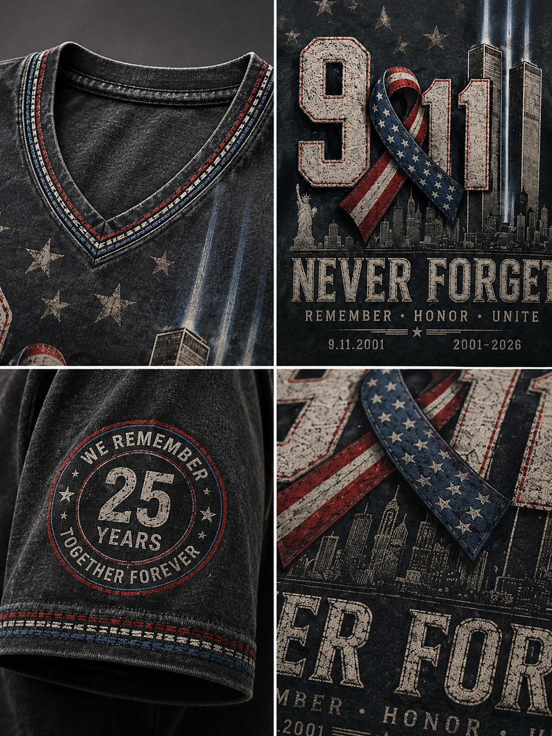A woman wearing a dark gray V-neck graphic t-shirt with a '9/11 Never Forget' design featuring the New York City skyline, a patriotic ribbon, and 'Remember Honor Unite' text, paired with light wash denim jeans.