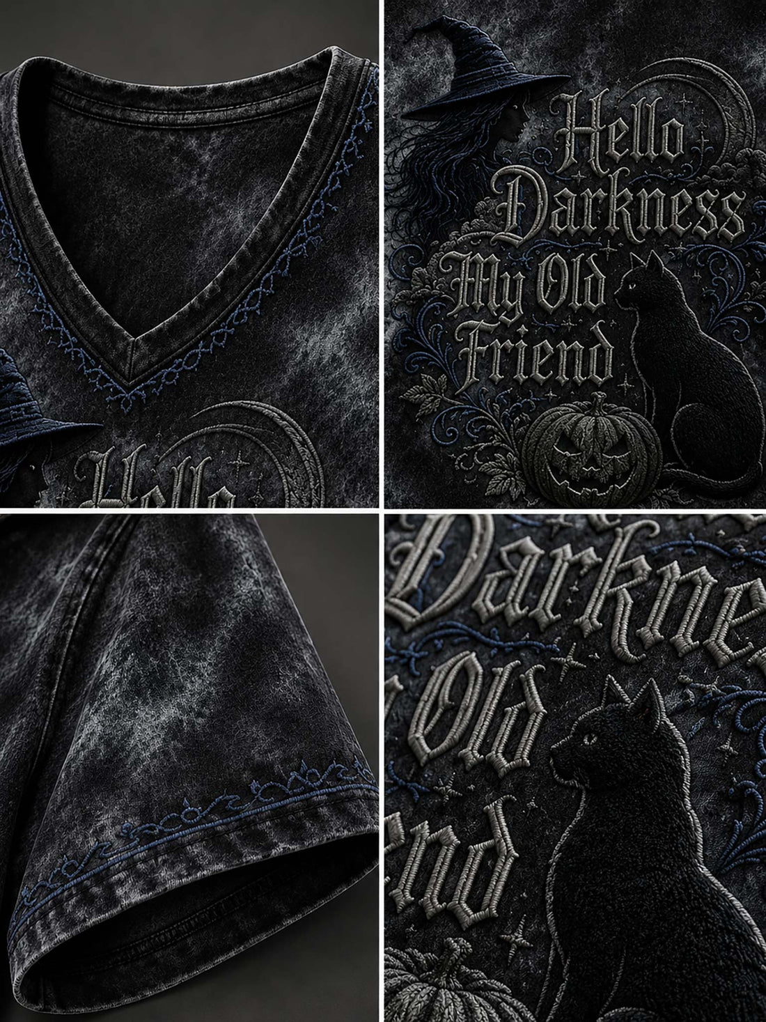 A dark acid-wash V-neck t-shirt with a Halloween graphic reading 'Hello Darkness My Old Friend' featuring a witch hat, cat, and pumpkin, styled on a wooden hanger with distressed denim shorts against a dark gray background.