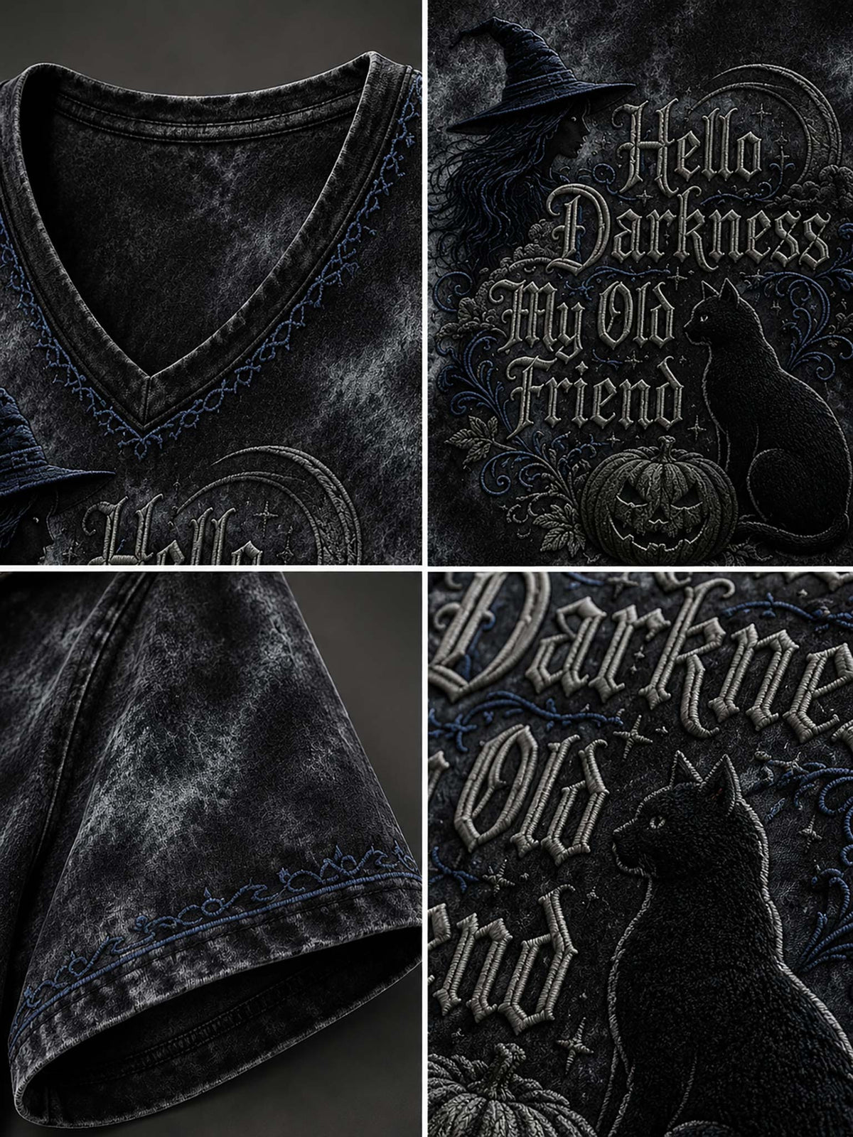 A dark gothic V-neck t-shirt shown in a four-panel close-up collage. The shirt features a washed black/charcoal texture with blue embroidery along the collar and sleeve cuff, and a large gothic-style graphic on the front depicting a black cat, a pumpkin, and the text 'Hello Darkness My Old Friend' and 'Darkness Old Friend'.