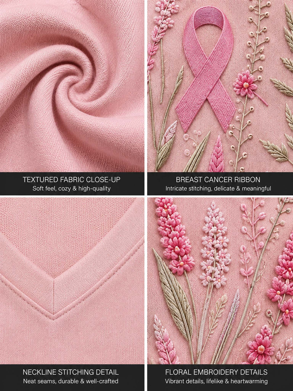 A four-panel close-up collage of a soft pink fabric product, showing the material texture, a pink breast cancer ribbon motif with floral embroidery, neckline stitching detail, and floral embroidery details. Black text banners label each section.