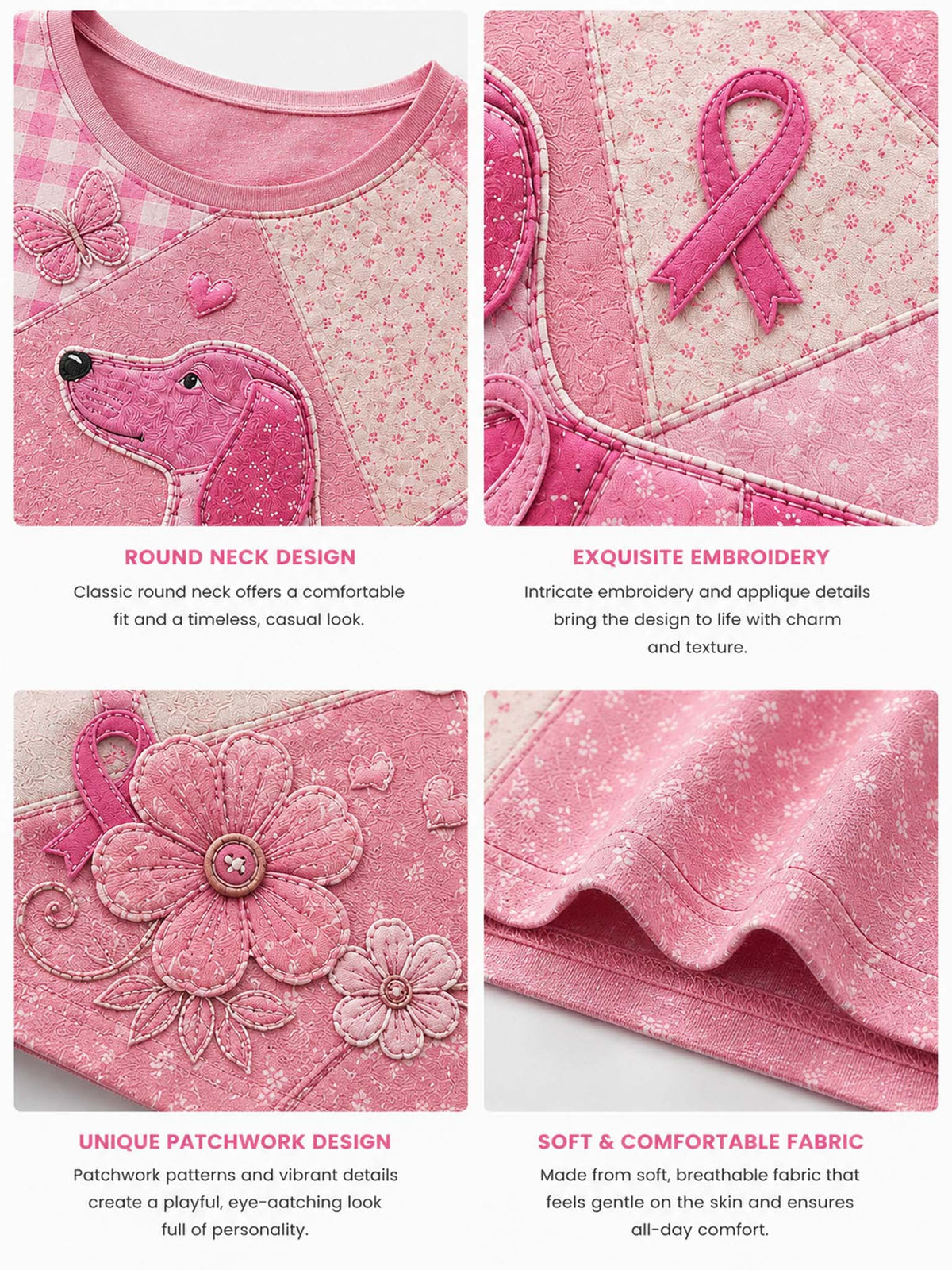 A four-panel product feature collage showing a pink patchwork baby top with embroidered details, including a dog face applique, a pink ribbon motif, floral embroidery, and a close-up of the soft fabric texture. Text labels describe the round neck design, exquisite embroidery, unique patchwork design, and soft fabric.