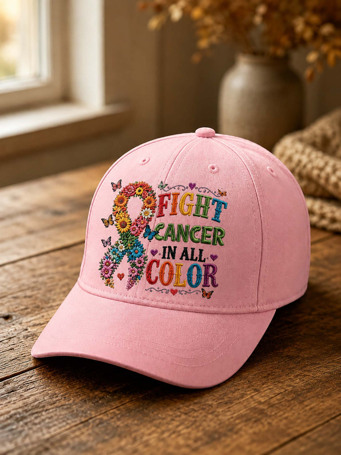 A pink baseball cap resting on a rustic wooden table, featuring a colorful embroidered design with a floral ribbon and the words 'FIGHT CANCER IN ALL COLOR'.