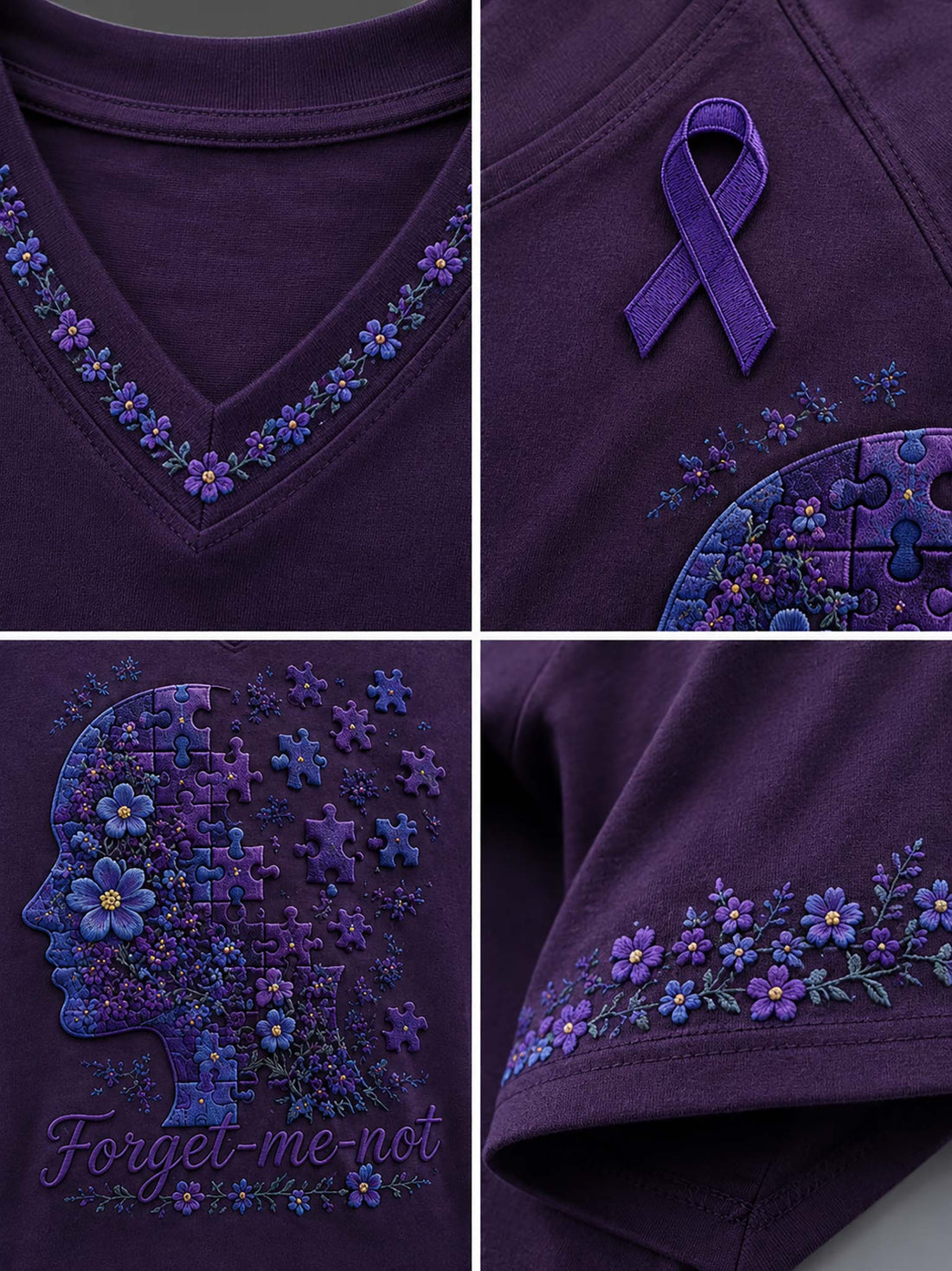 A purple short-sleeve V-neck T-shirt with a large floral and puzzle-piece head graphic in shades of purple and blue, a purple awareness ribbon on the left chest, and the words 'Forget-me-not' across the lower front. The shirt is displayed on a hanger above distressed denim shorts against a dark gray studio background.