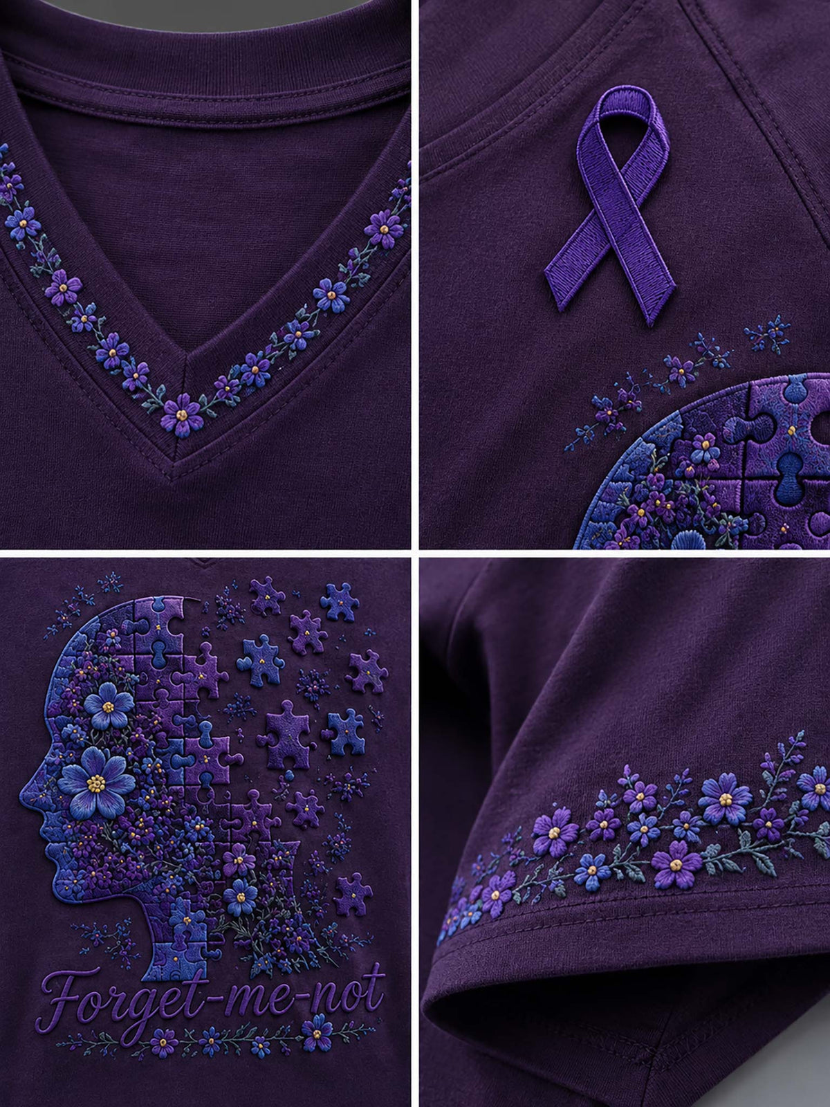 A purple V-neck t-shirt with embroidered details, shown in a four-panel collage. The embroidery features a purple awareness ribbon, a puzzle-piece silhouette of a head filled with flowers, and floral borders along the neckline and sleeve.