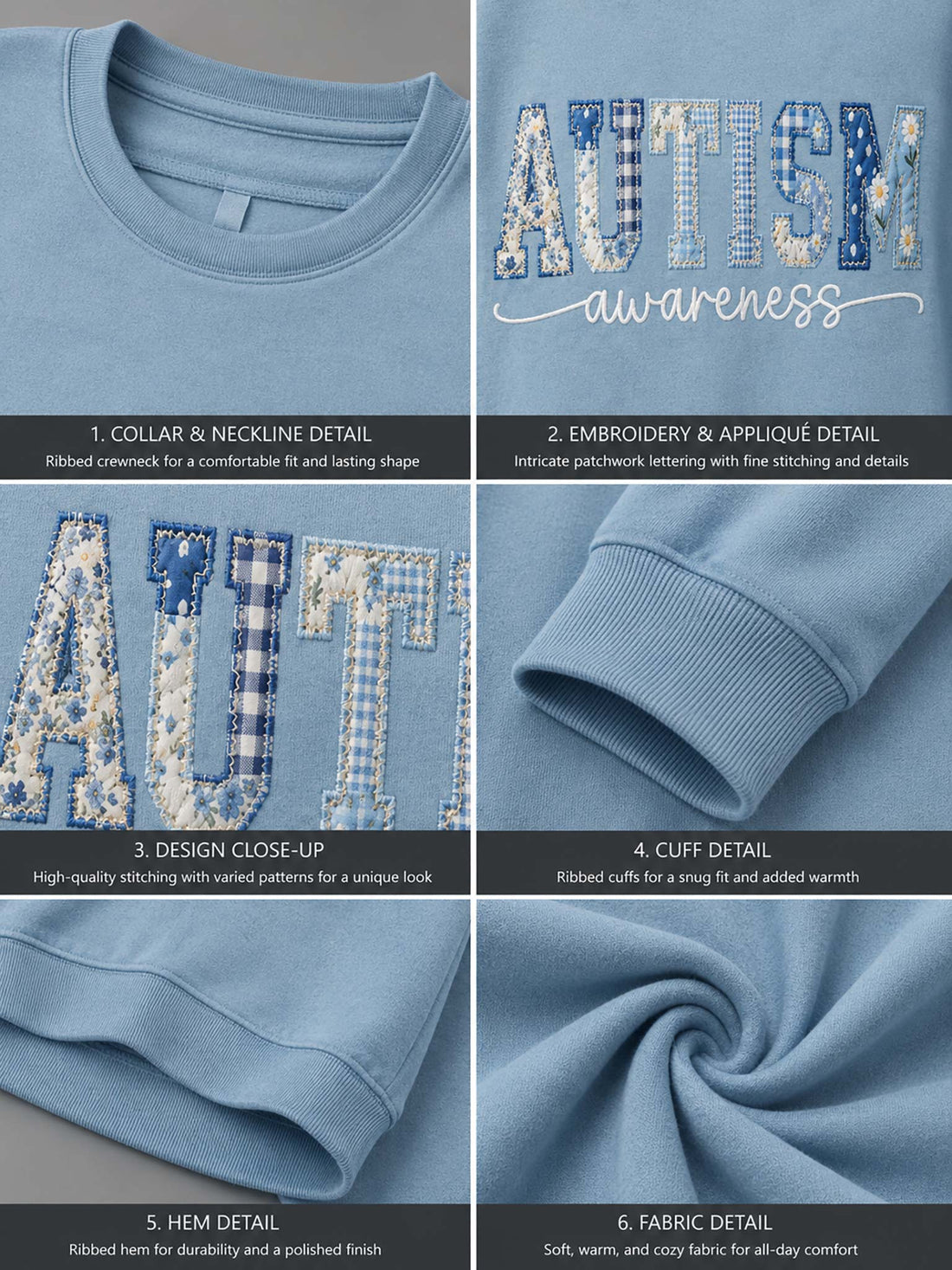 Light blue sweatshirt with 'Autism awareness' text on a wooden background