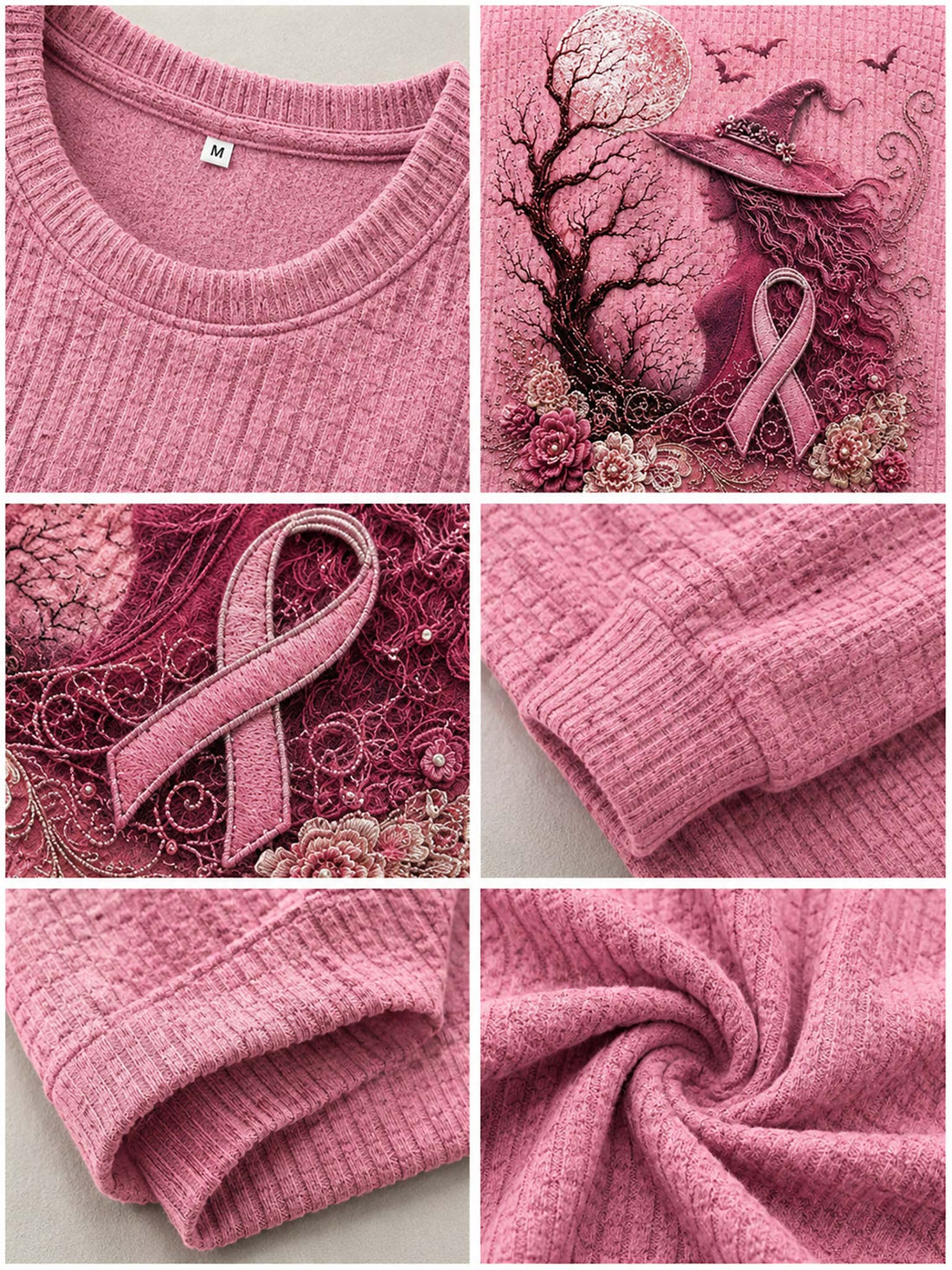 A woman wearing a pink ribbons-of-dignity themed sweater with a witch, tree, and rose graphic, paired with dark blue jeans.