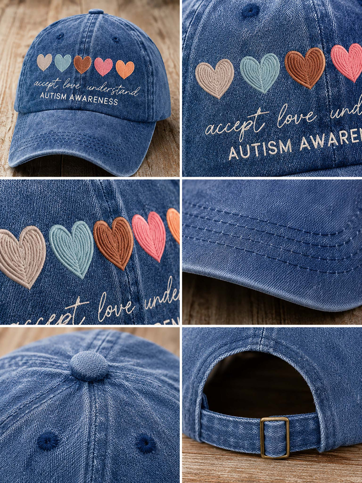 A six-panel collage showing a blue denim baseball cap from multiple angles. The front panels feature embroidered multicolored hearts and the white text 'accept love und AUTISM AWARE'.