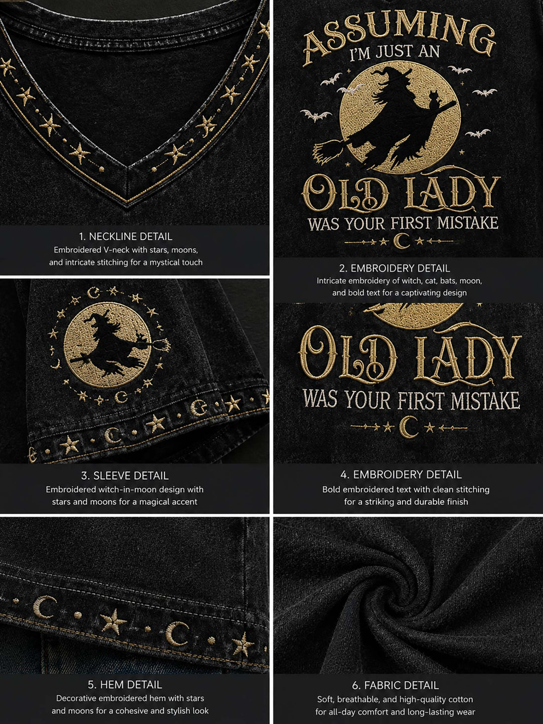 A black distressed V-neck T-shirt with a gold and black Halloween graphic reading 'Assuming I'm Just An Old Lady Was Your First Mistake,' styled on a hanger with distressed denim shorts against a dark gothic background.