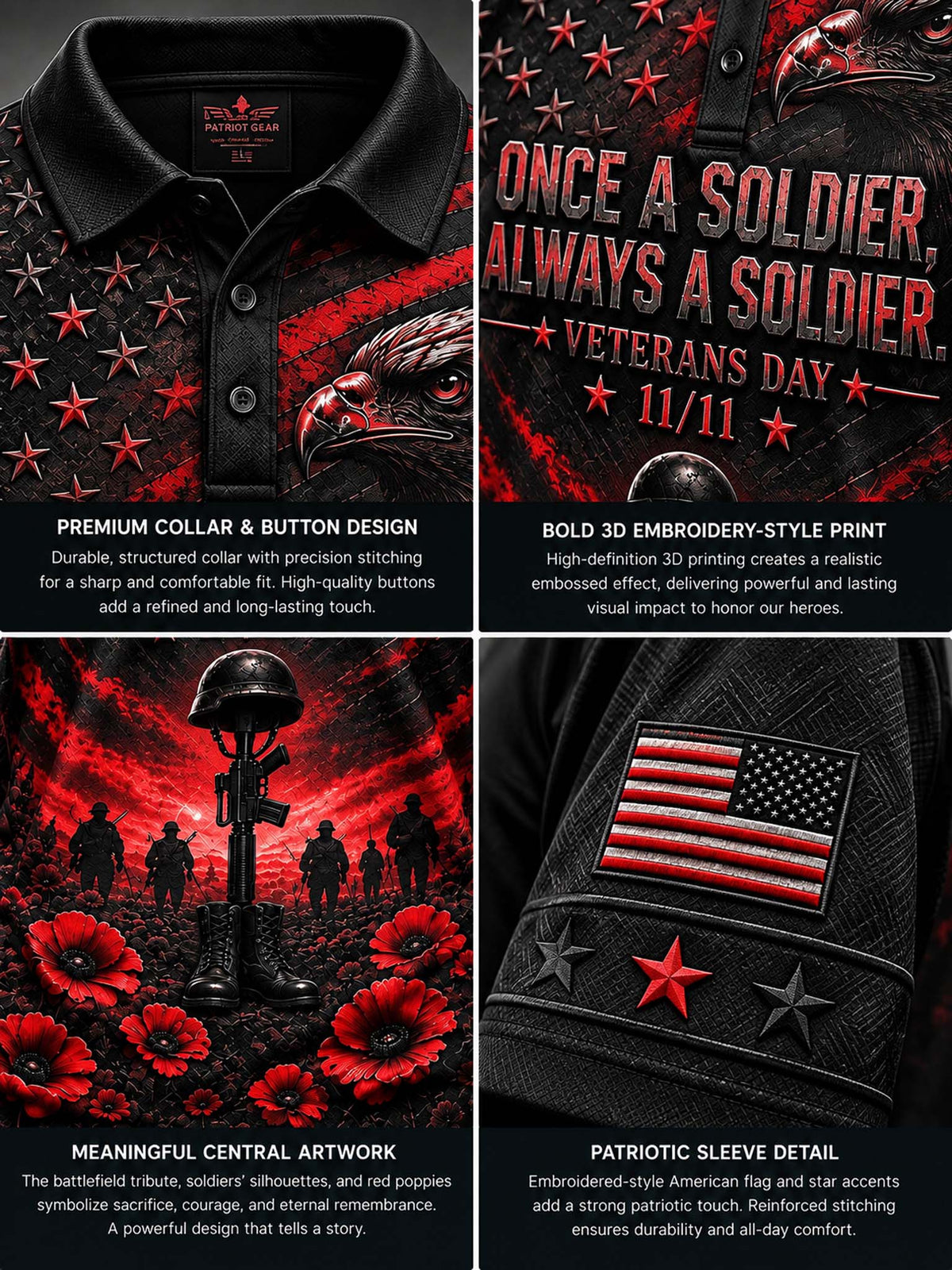 A four-panel product showcase of a black patriotic veteran-themed long-sleeve shirt. The top-left panel shows the premium collar and button design with red embroidered stars.