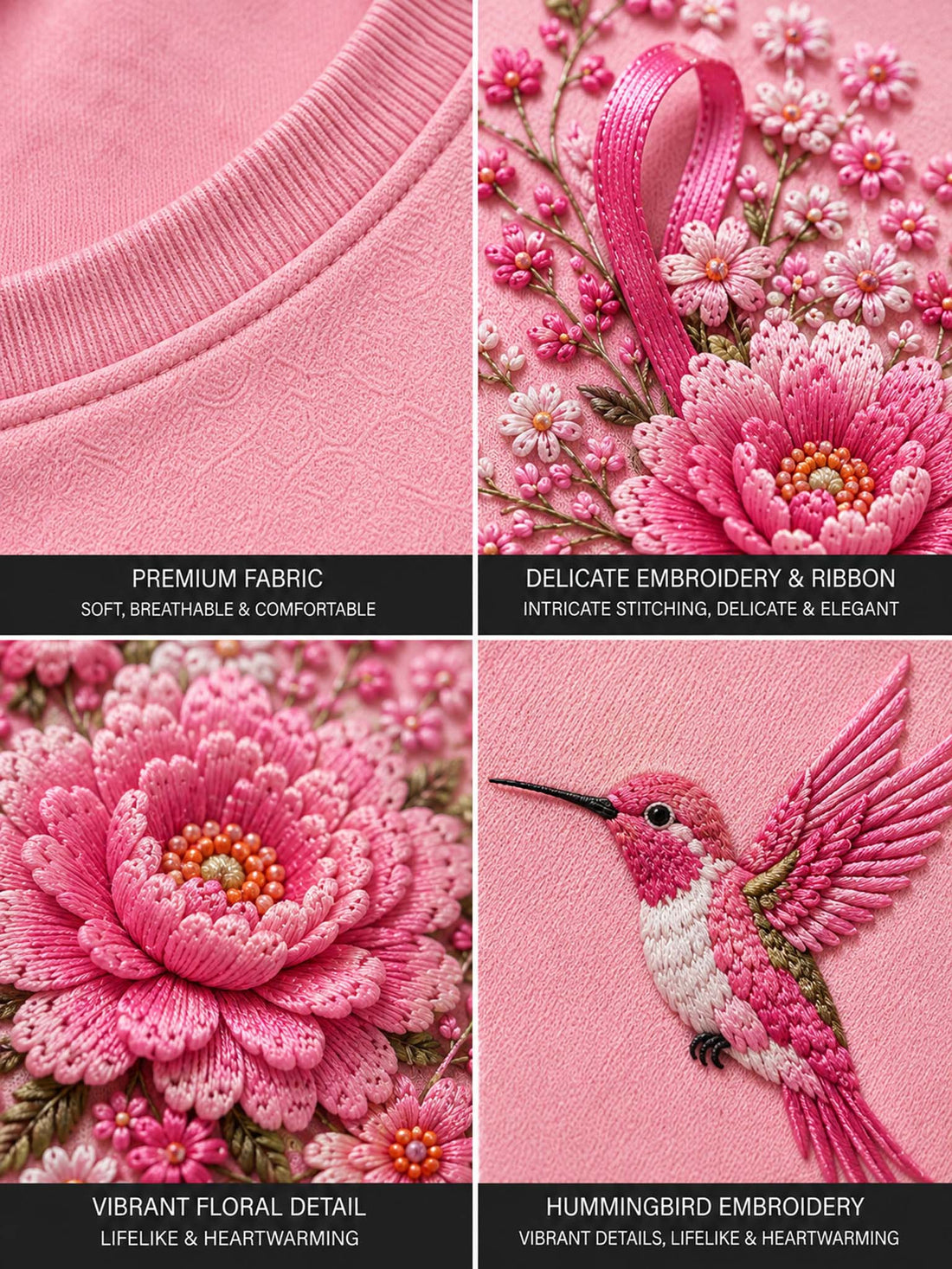 A close-up of a person wearing a pink crewneck sweatshirt with a large 3D floral and hummingbird applique design on the front, paired with blue jeans.