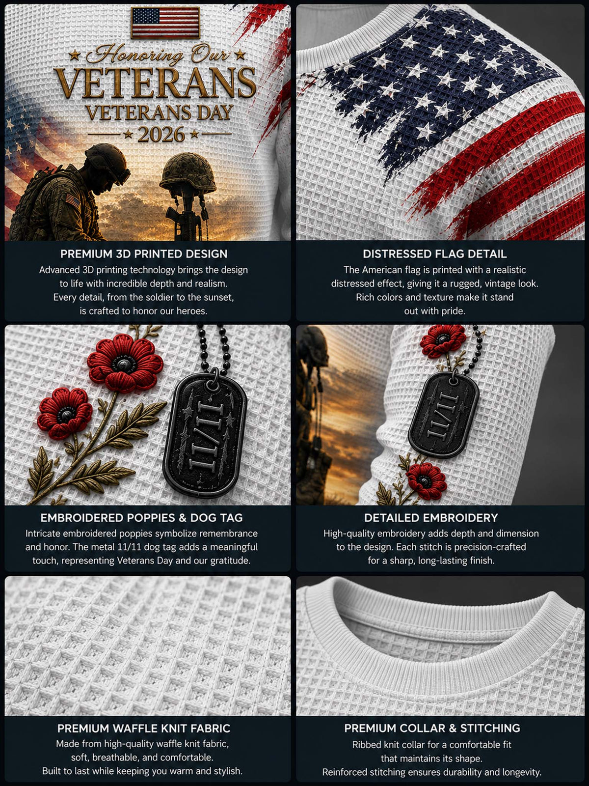 A six-panel promotional collage showing a white knit sweater with Veterans Day themed designs. The top-left panel shows a 3D printed design with soldiers and the text 'Honoring Our Veterans Veterans Day 2026'.