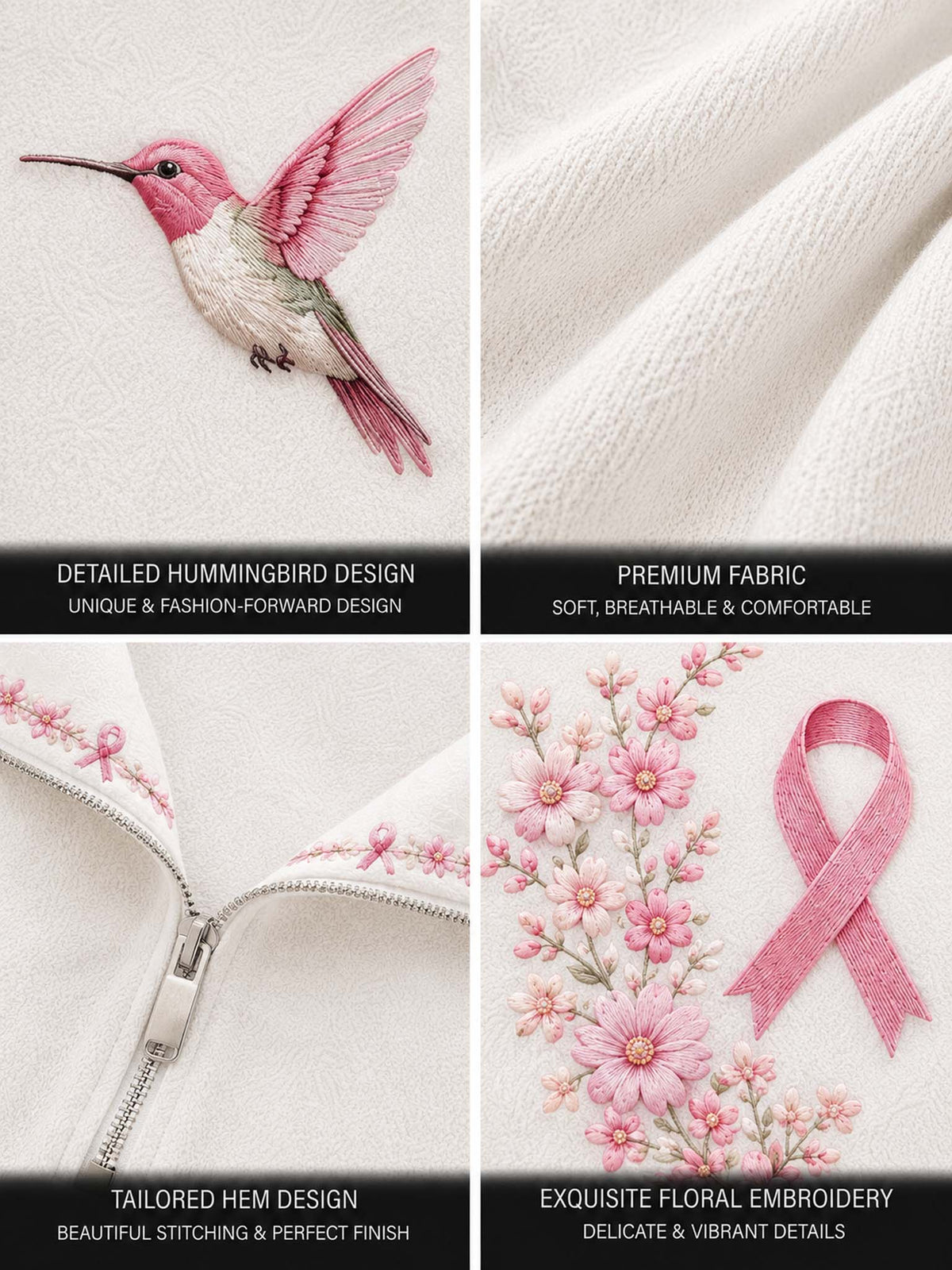 Four-panel product showcase on a white fabric surface featuring a pink hummingbird embroidery, close-up of soft white fabric texture, a close-up of a white garment hem with pink floral embroidery and zipper, and a pink ribbon surrounded by pink flowers. Text overlays describe the design, fabric, hem detail, and floral embroidery.