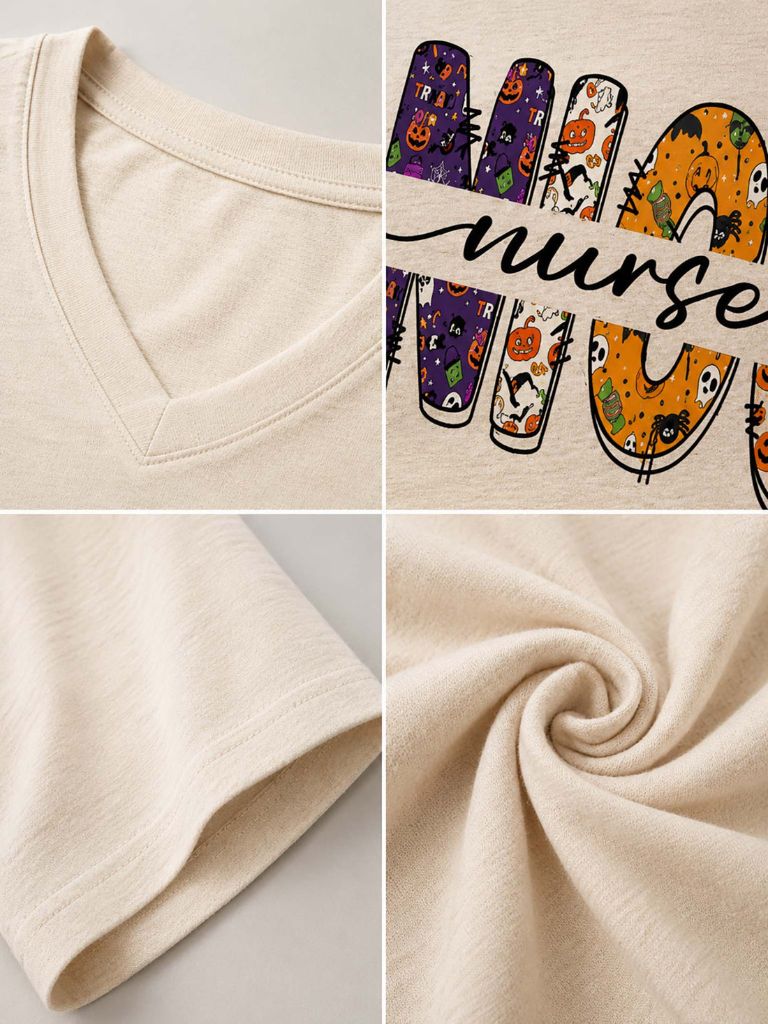 A beige V-neck t-shirt with a 'MOM NURSE' graphic featuring Halloween-themed letter designs, styled on a hanger with denim shorts against a rustic fall-themed background.