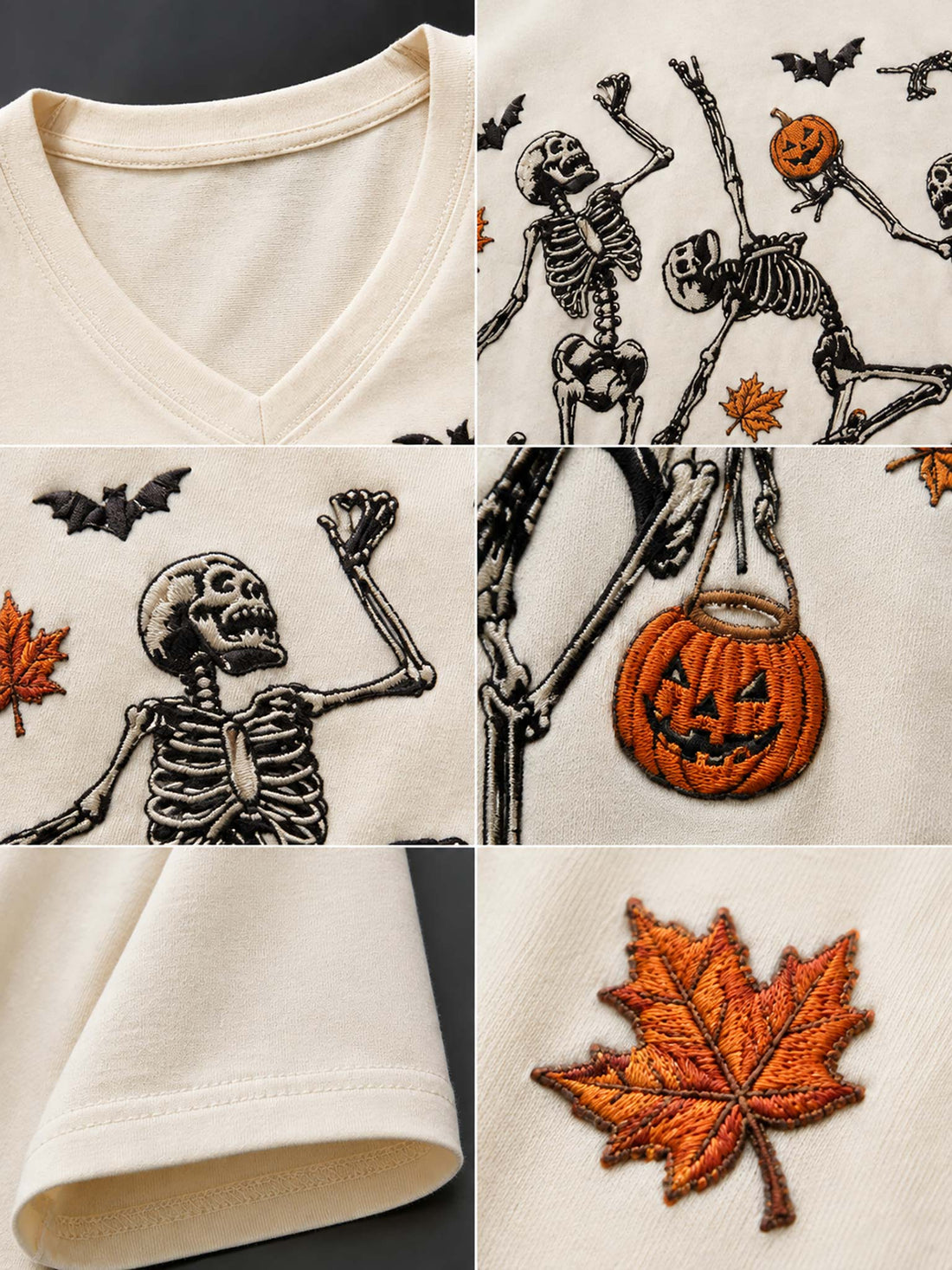 An off-white V-neck t-shirt with a graphic of three dancing skeletons, pumpkins, bats, and autumn leaves, styled on a wooden hanger with distressed denim shorts against a textured gray background.
