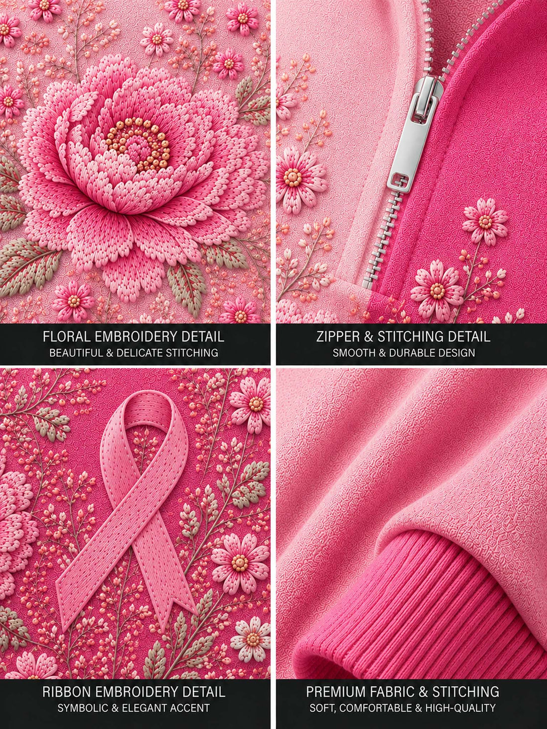 A pink quarter-zip sweatshirt with a floral and hummingbird graphic, worn by a model in front of a bamboo screen.