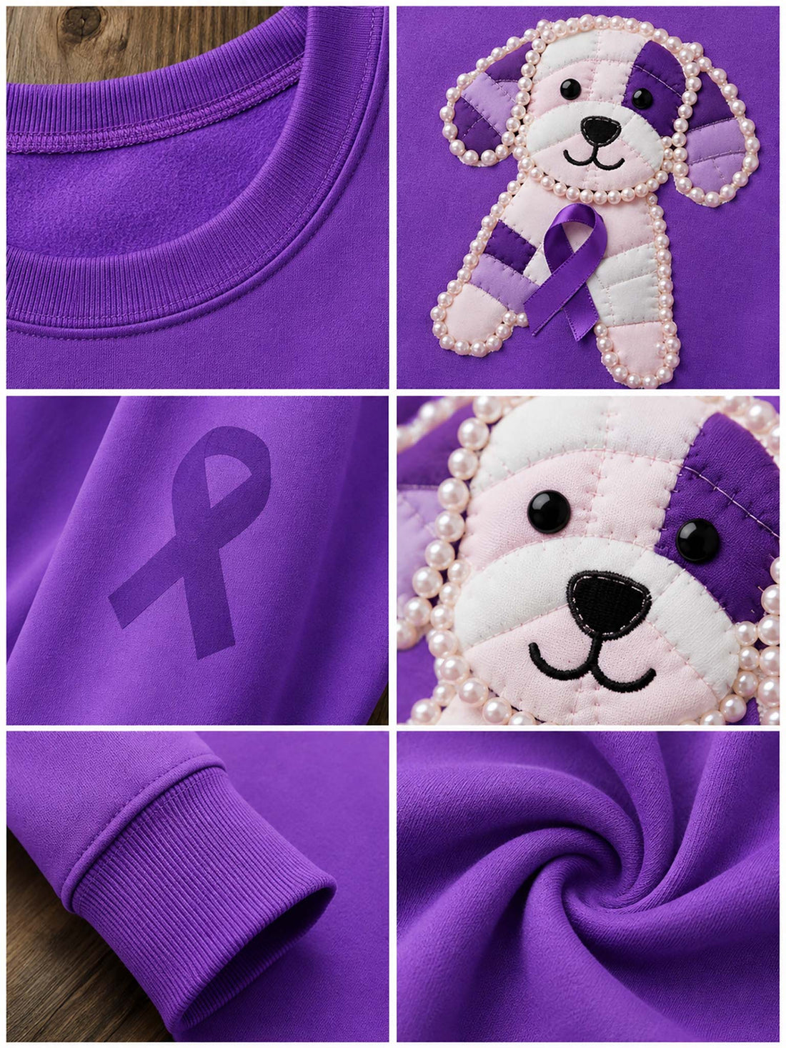 A purple crewneck sweatshirt with a dog patchwork design wearing a purple awareness ribbon, styled on a wooden hanger with light blue ripped denim shorts against a rustic wood plank background.