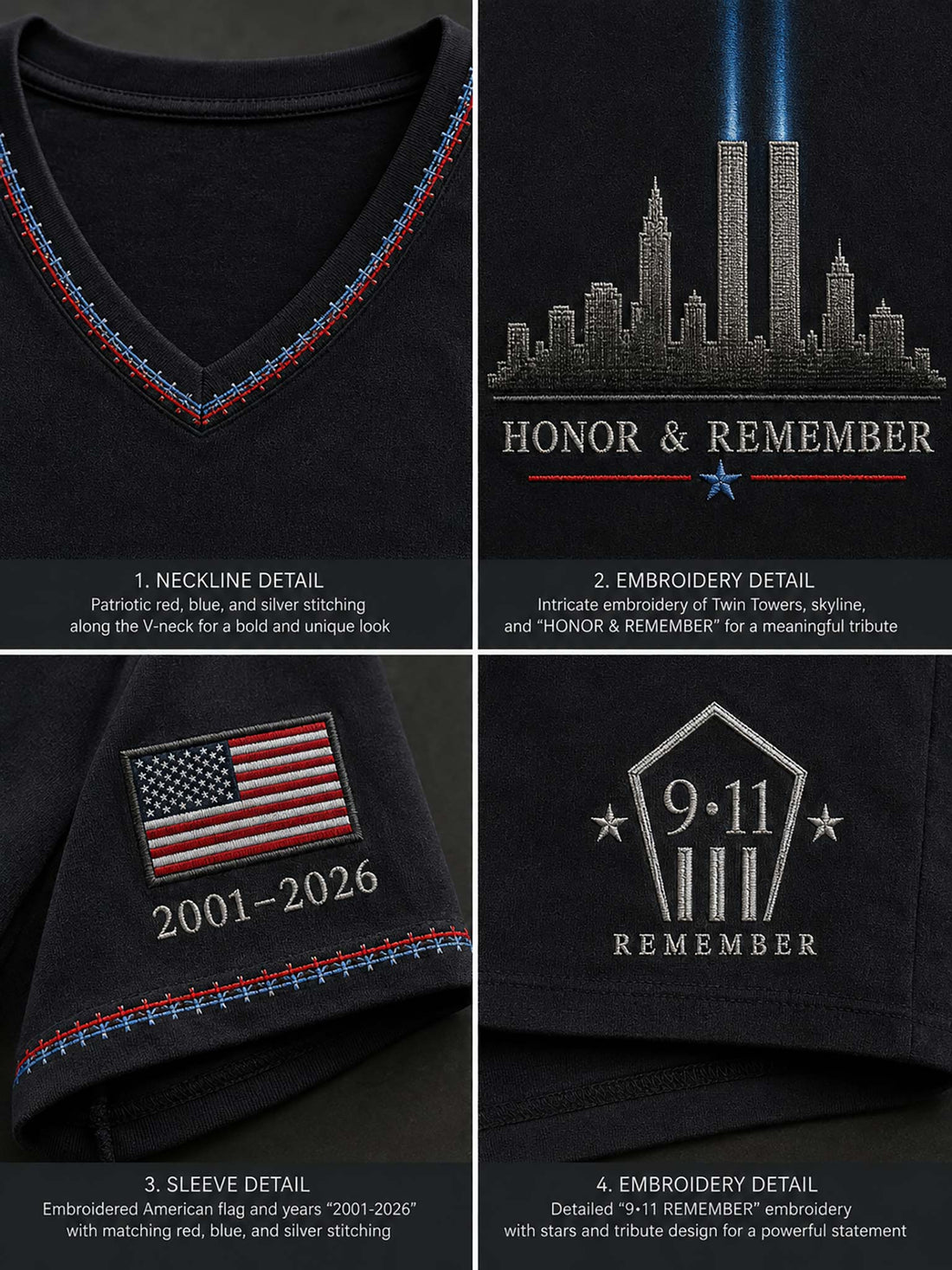 A black V-neck t-shirt with 9/11 themed graphics, shown on a wooden hanger with distressed denim shorts against a dark gray studio background.