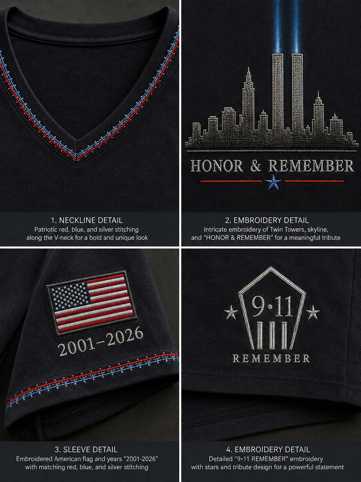 A four-panel close-up collage of a black commemorative shirt showing neckline stitching, Twin Towers embroidery with 'HONOR & REMEMBER' text, a sleeve patch with an American flag and '2001-2026,' and a chest-style '9-11 REMEMBER' emblem.