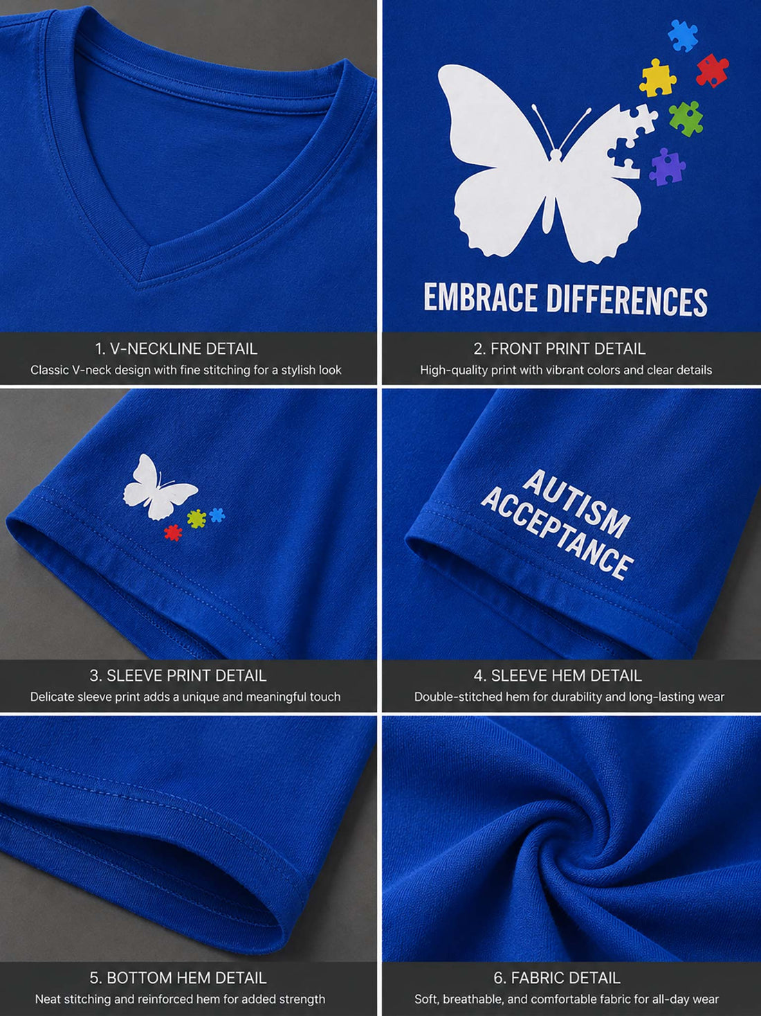 A royal blue V-neck t-shirt with a white butterfly graphic, colorful puzzle pieces, and the text 'EMBRACE DIFFERENCES' on the front, styled with distressed denim shorts on a hanger against a gray background.
